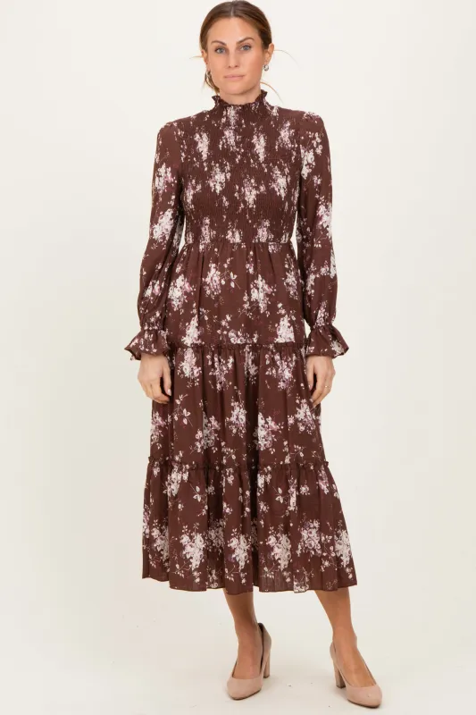 Brown Floral Smocked Ruffle Tier Midi Dress sold by Pinkblush