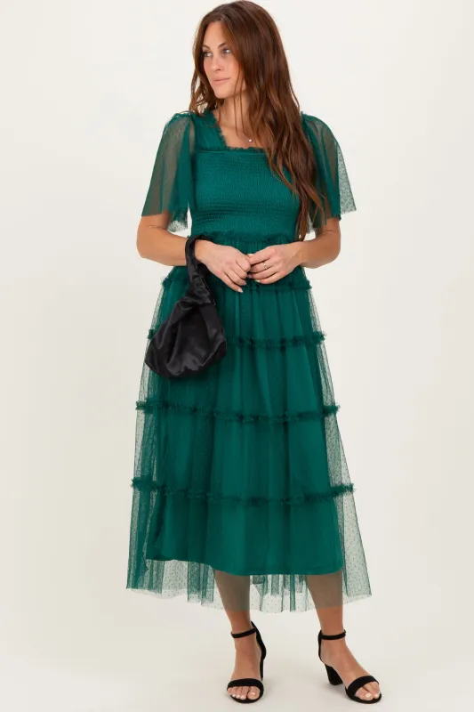 Emerald Green Ruffled Mesh Maxi Dress sold by Pinkblush