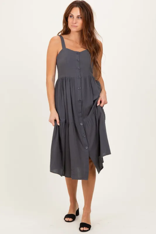 Charcoal Sleeveless Button Down Tiered Midi Dress sold by Pinkblush