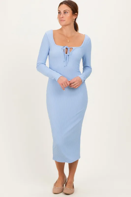 Light Blue Ribbed Long Sleeve Squareneck Fitted Midi Dress sold by Pinkblush