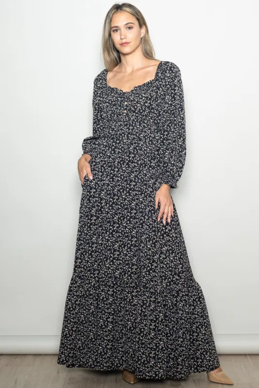 Black Floral Button Accent Long Sleeve Maxi Dress sold by Pinkblush