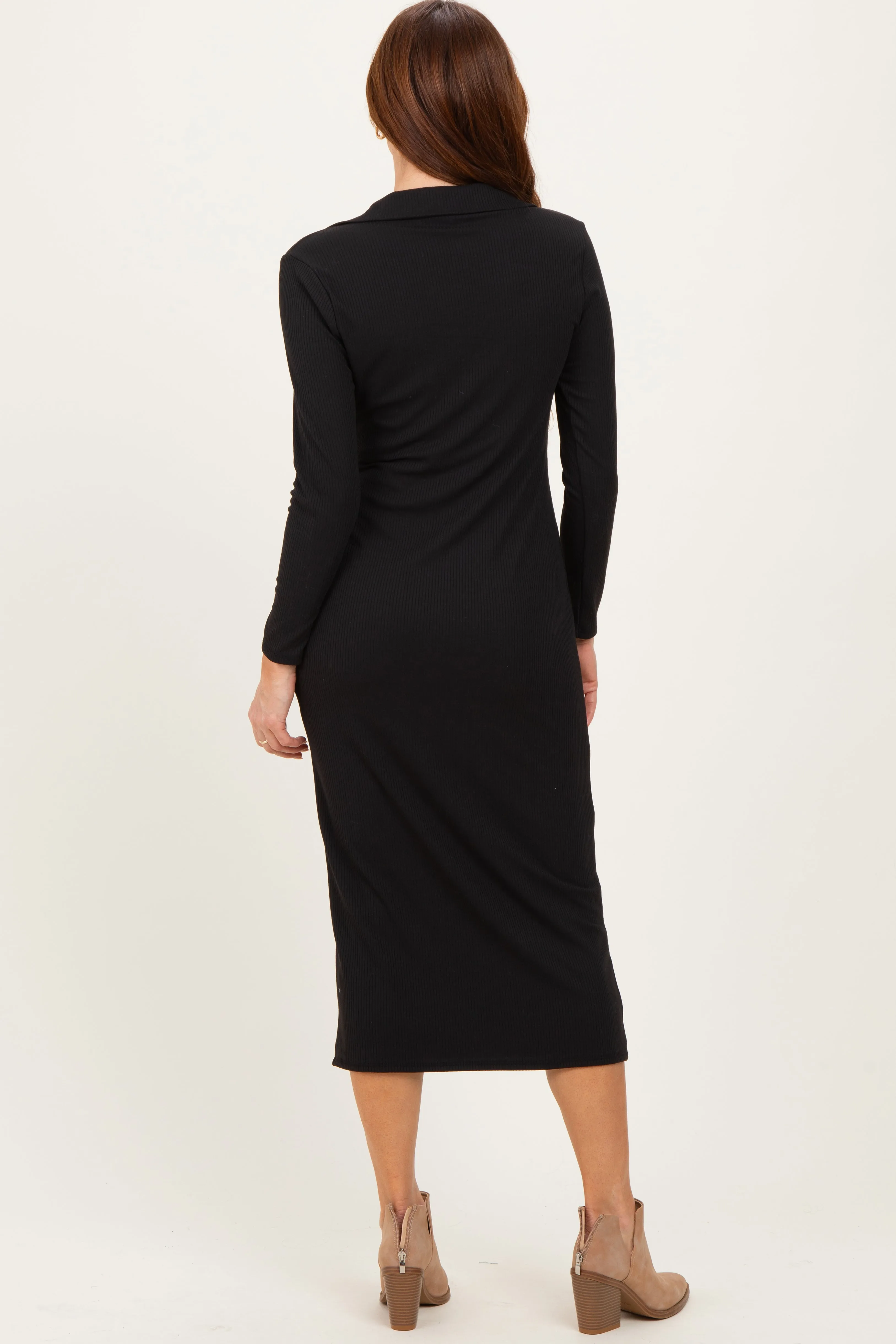 Black Ribbed Collared Long Sleeve Midi Dress sold by Pinkblush product image thumbnail 4