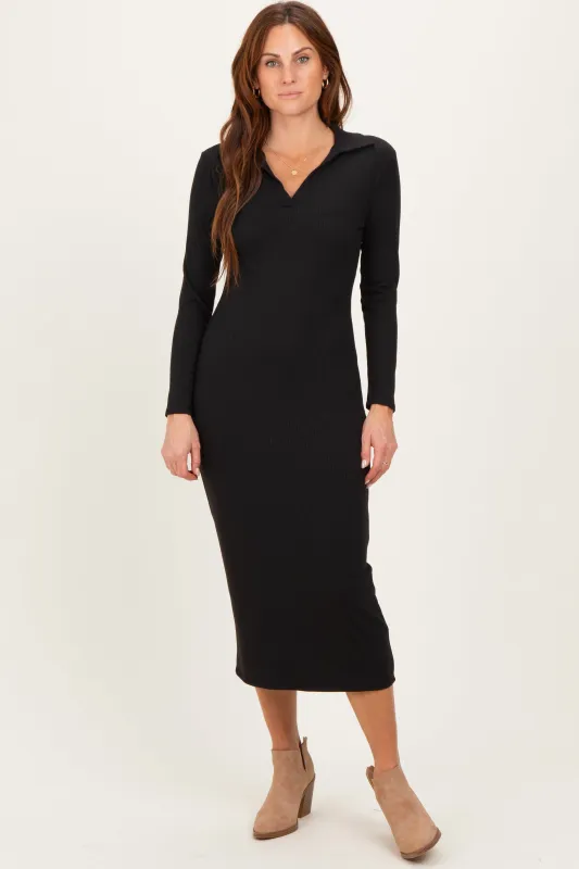 Black Ribbed Collared Long Sleeve Midi Dress sold by Pinkblush
