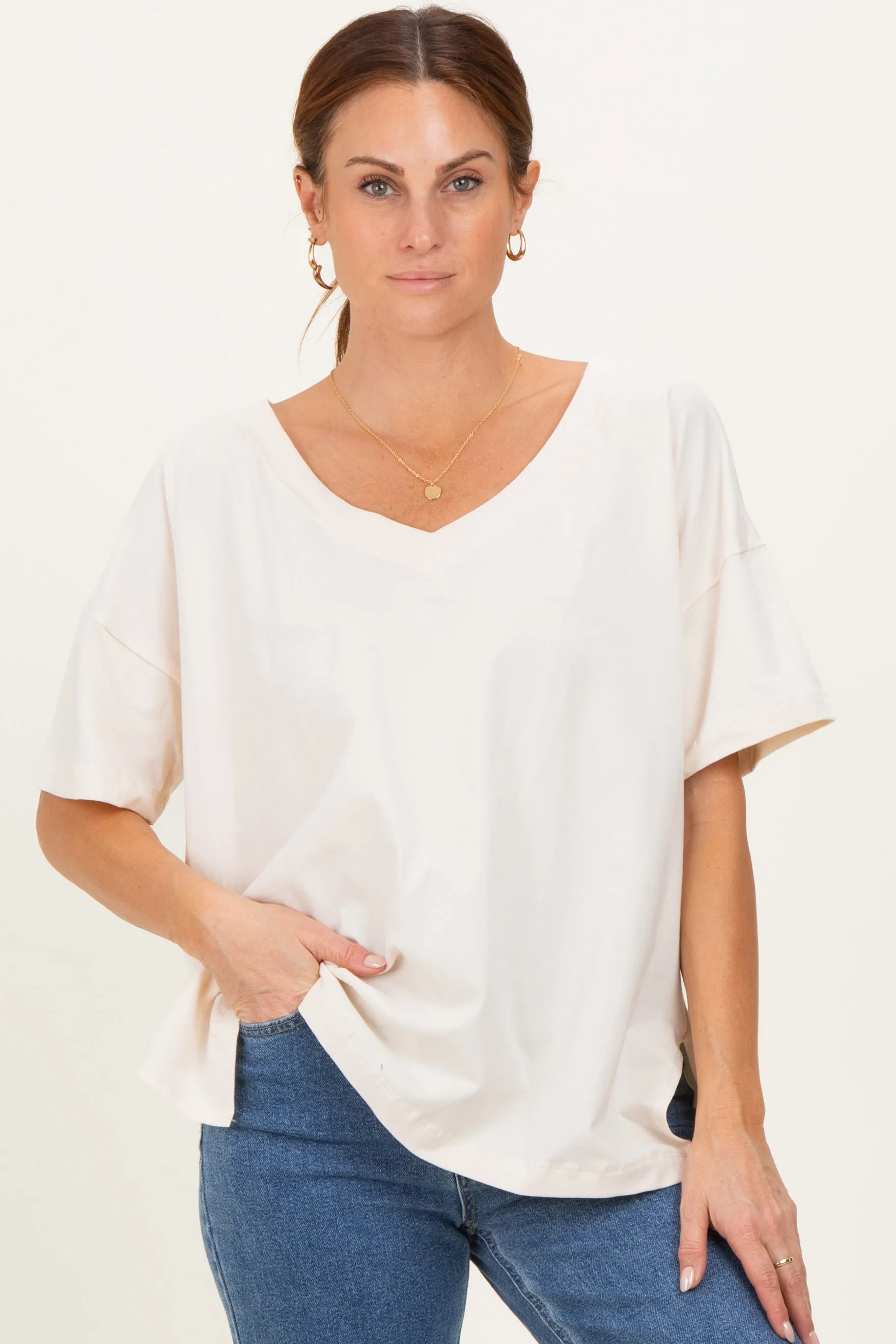 Ivory Oversized Reversible V-Neck Tee sold by Pinkblush