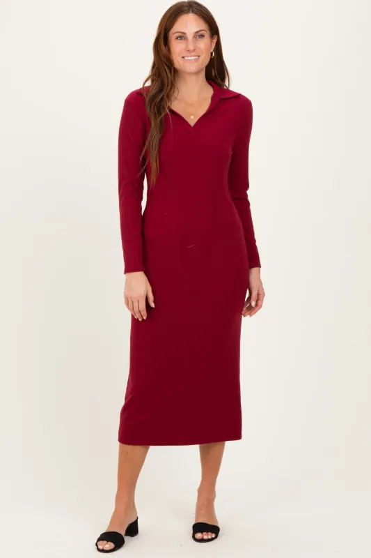 Red Ribbed Collared Long Sleeve Midi Dress sold by Pinkblush