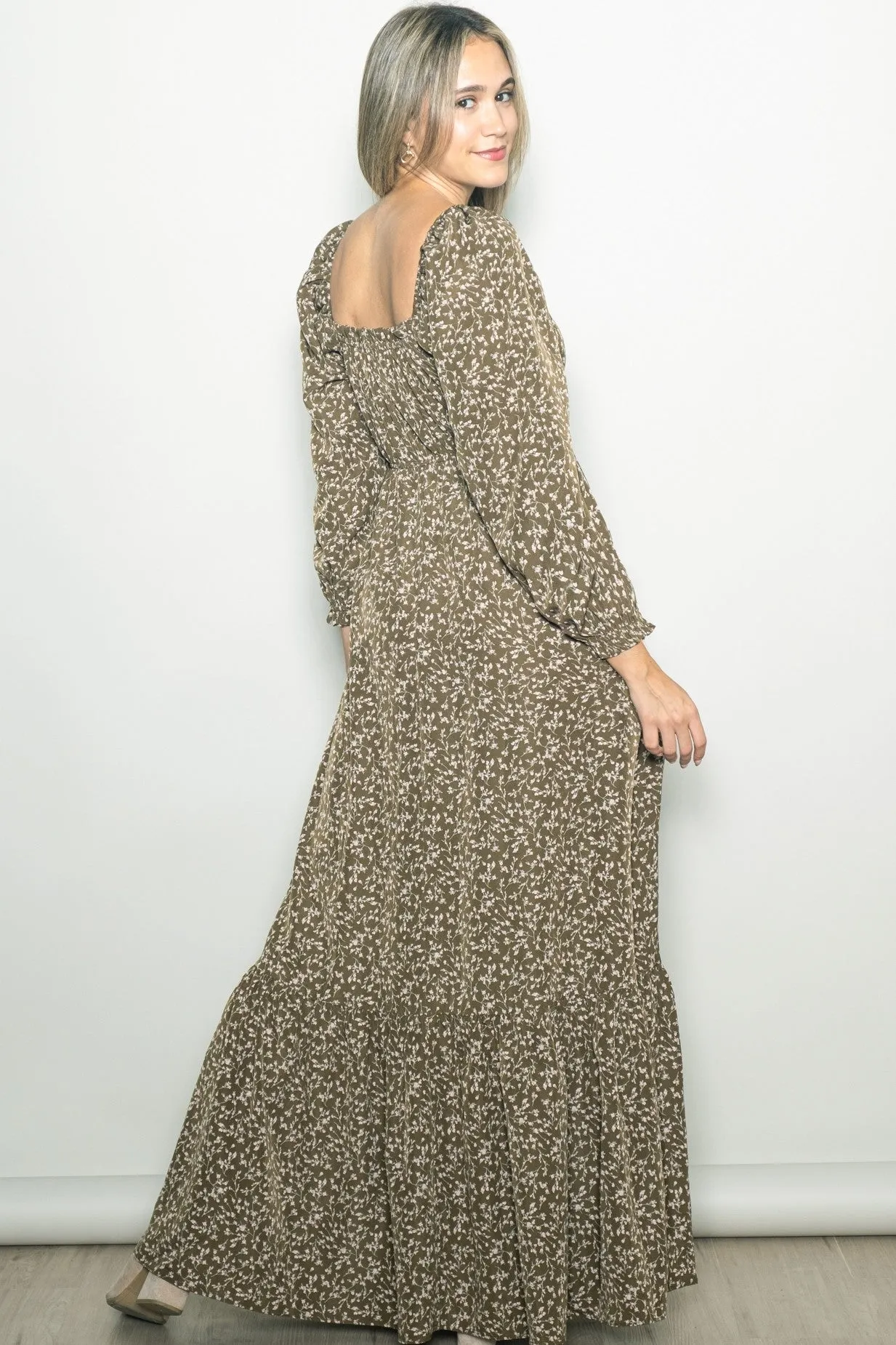 Olive Floral Button Accent Long Sleeve Maxi Dress sold by Pinkblush product image thumbnail 3