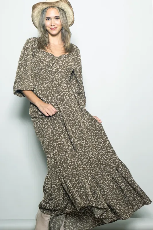 Olive Floral Button Accent Long Sleeve Maxi Dress sold by Pinkblush