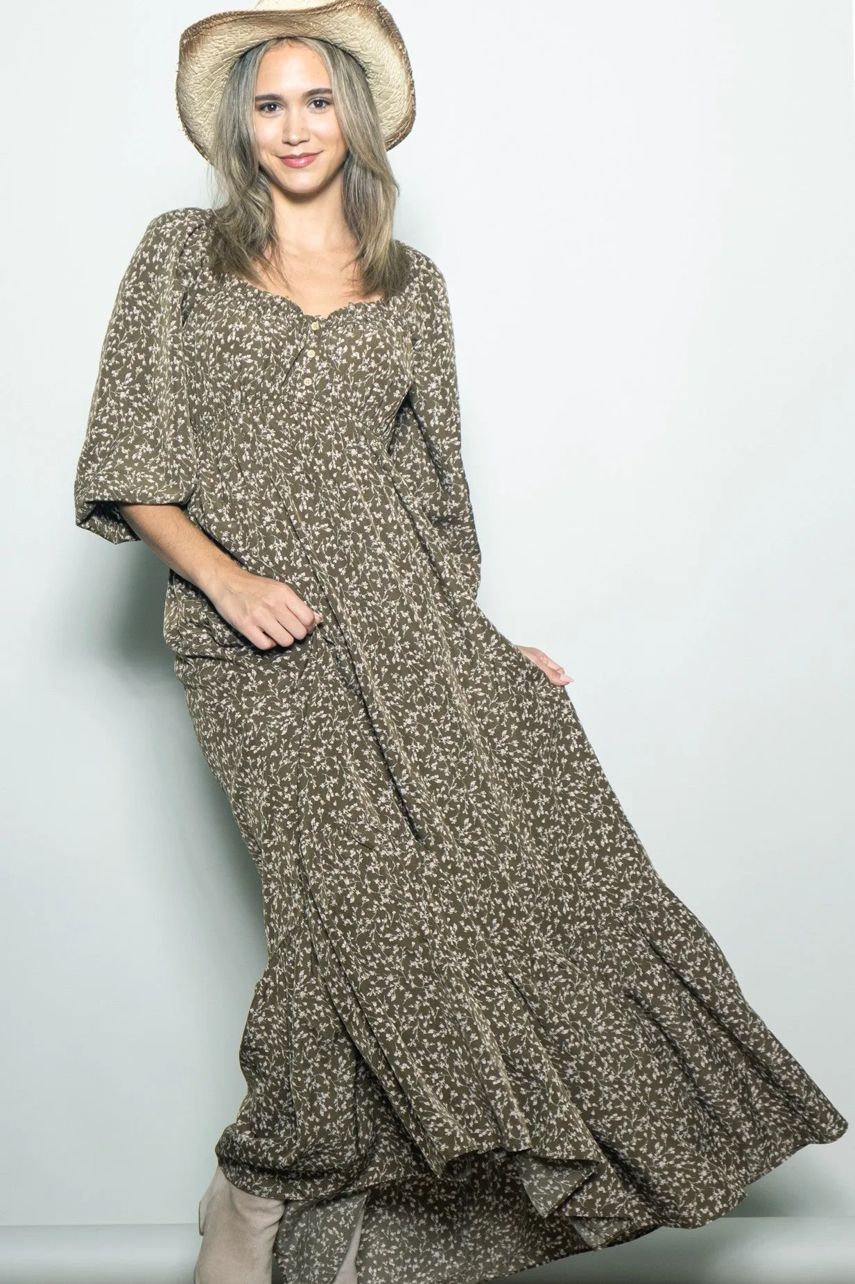 Olive Floral Button Accent Long Sleeve Maxi Dress sold by Pinkblush