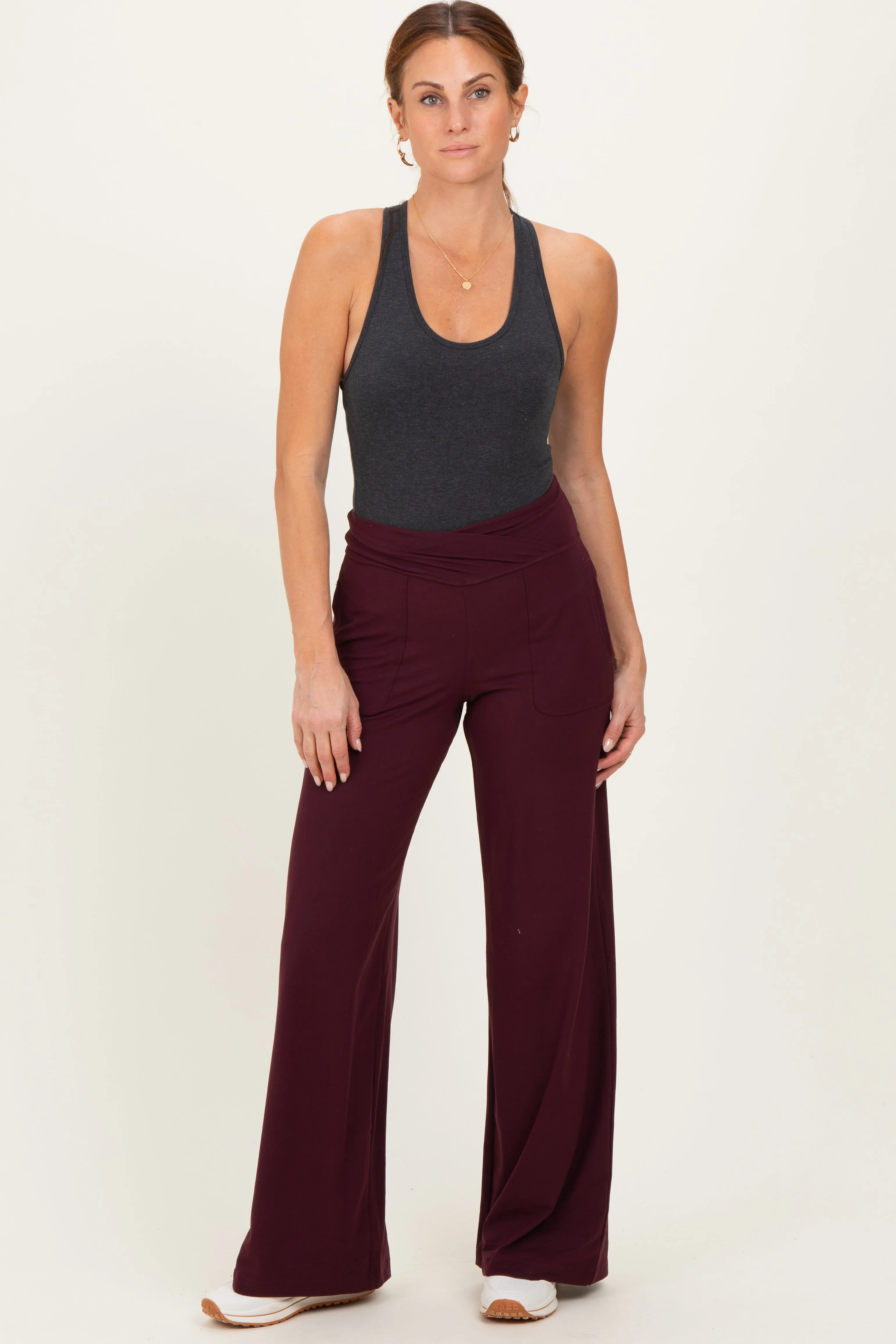 Wine Crossover Waist Active Wide Leg Pant sold by Pinkblush