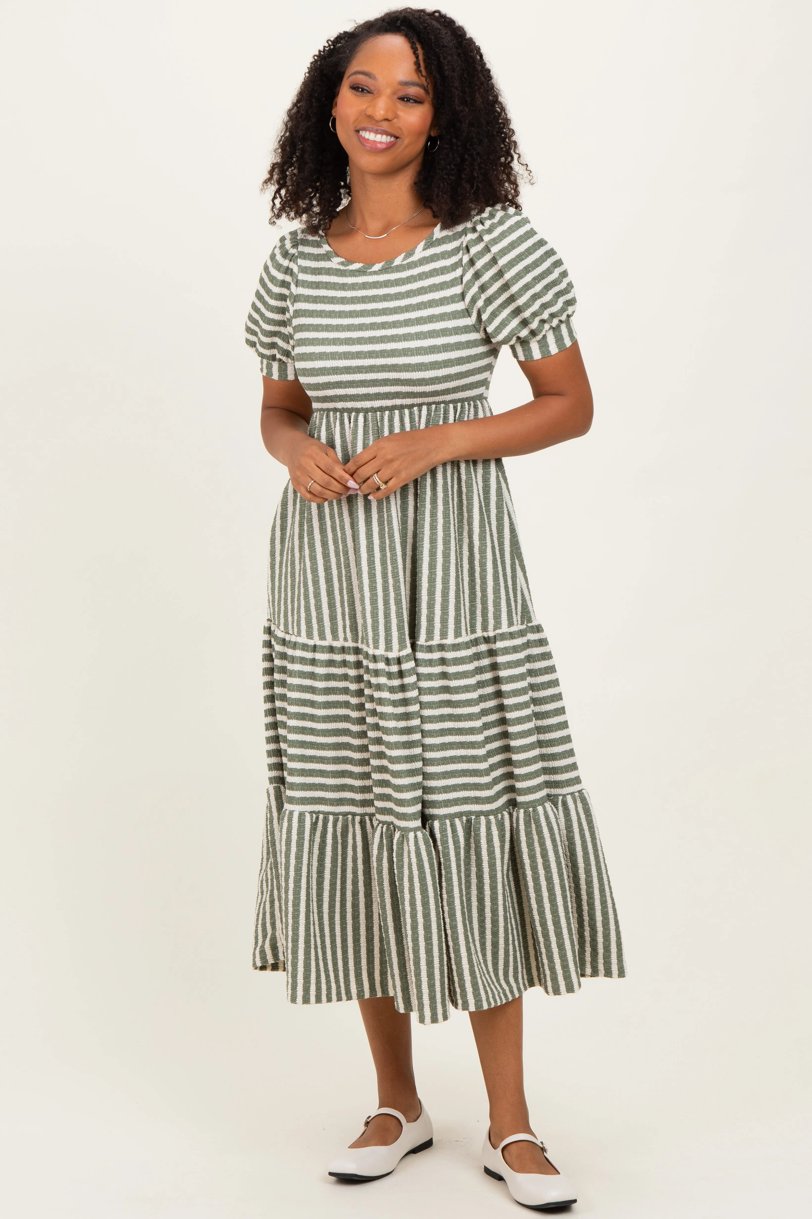 Dusty Olive/ Cream Striped Short Sleeve Tiered Maxi Dress sold by Pinkblush product image thumbnail 3