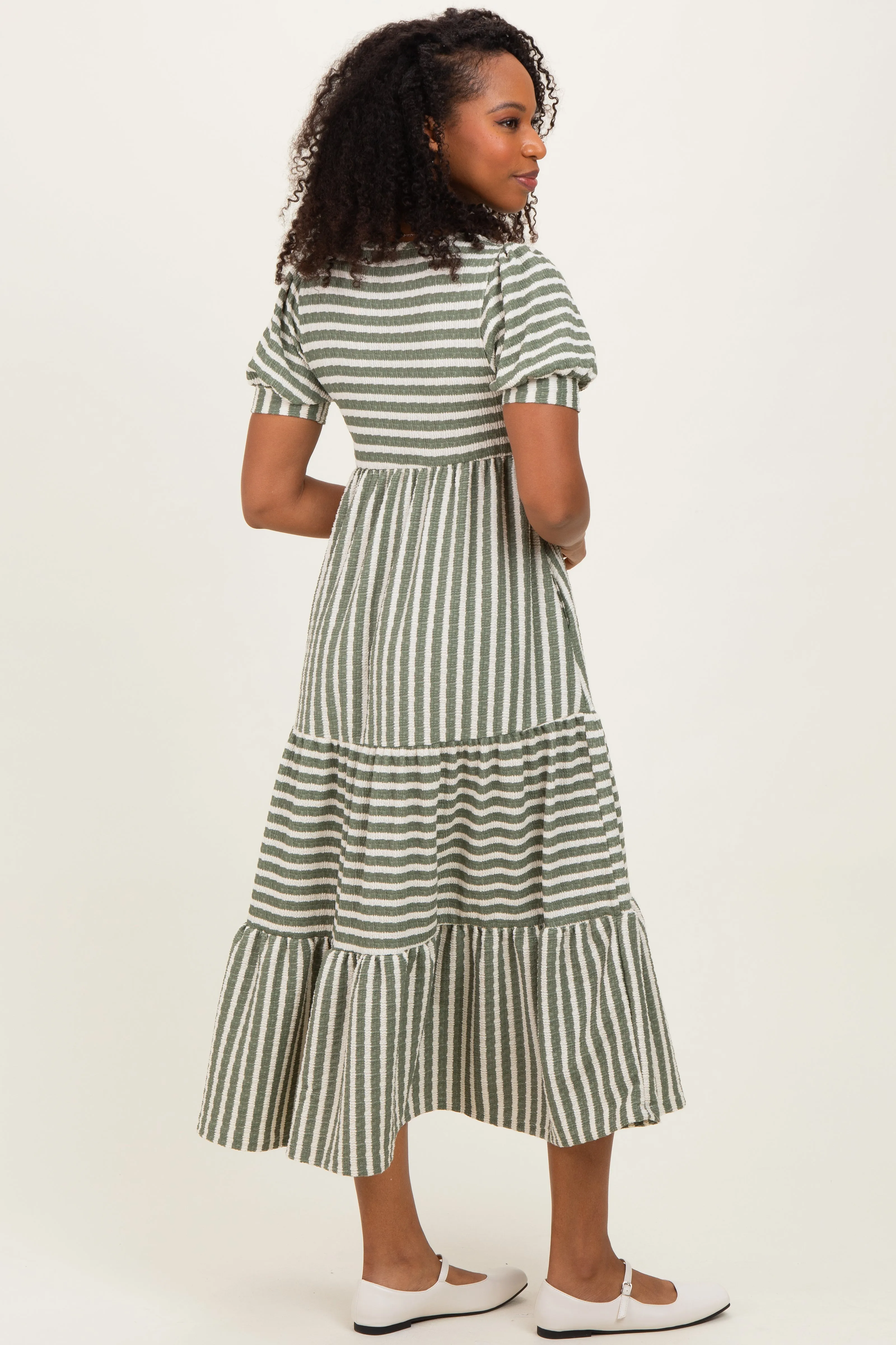 Dusty Olive/ Cream Striped Short Sleeve Tiered Maxi Dress sold by Pinkblush product image thumbnail 4