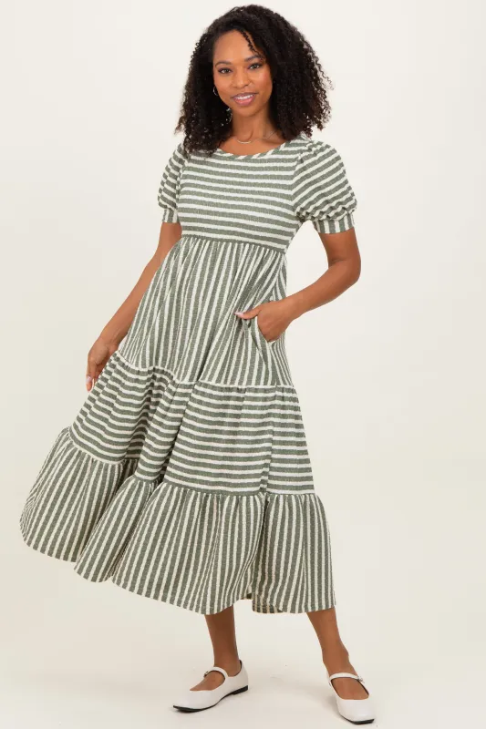 Dusty Olive/ Cream Striped Short Sleeve Tiered Maxi Dress made by Pinkblush