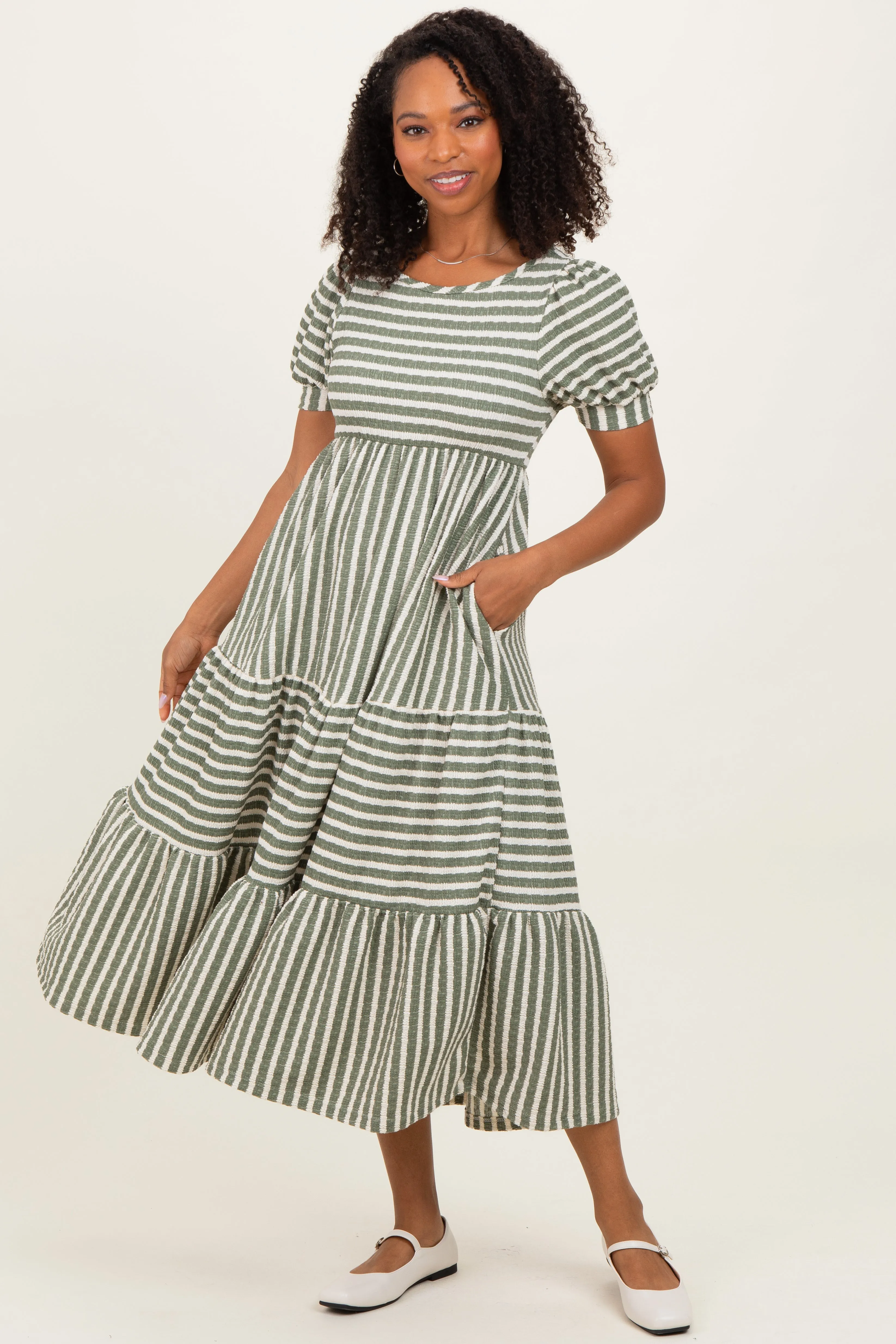 Dusty Olive/ Cream Striped Short Sleeve Tiered Maxi Dress sold by Pinkblush