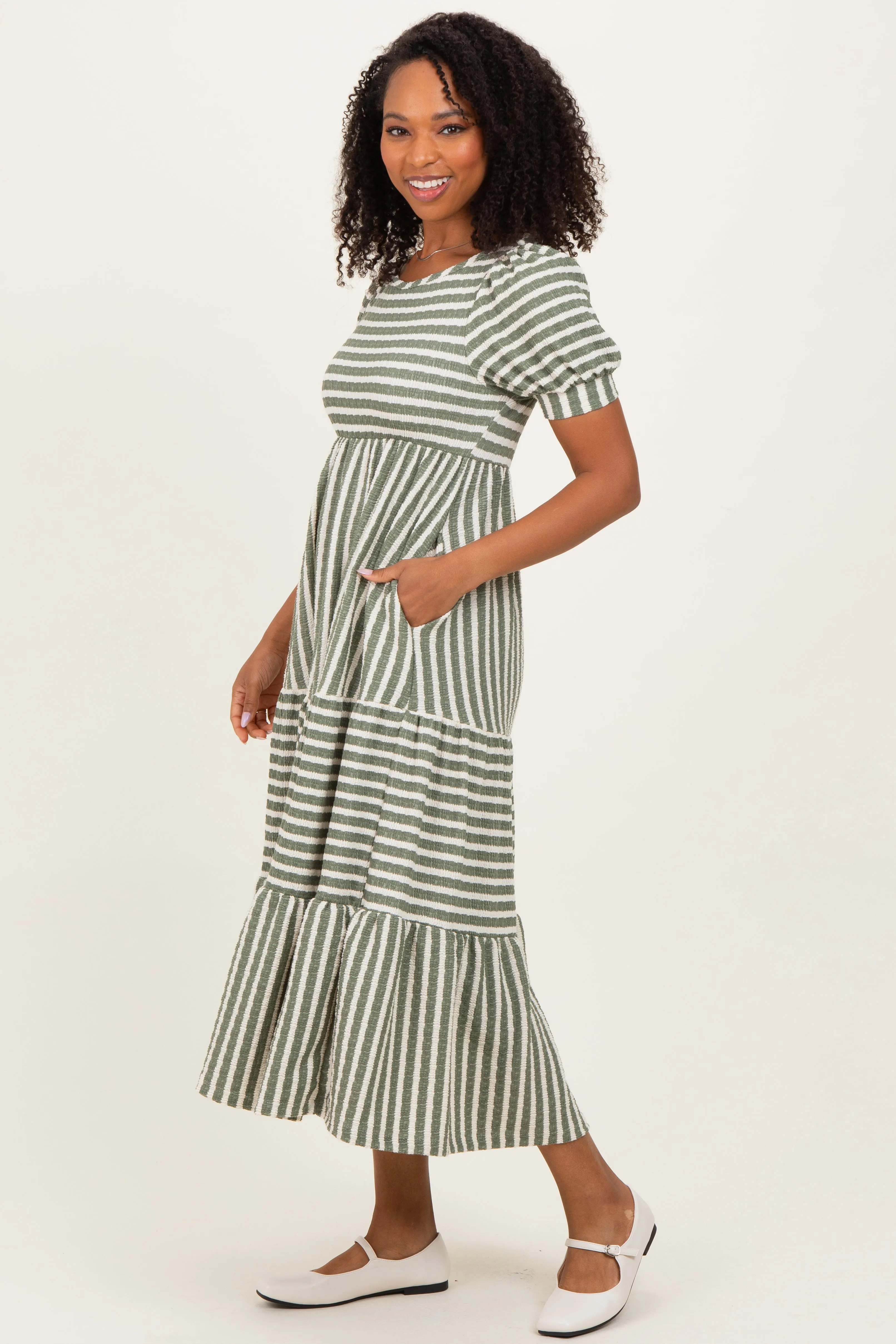 Dusty Olive/ Cream Striped Short Sleeve Tiered Maxi Dress sold by Pinkblush product image thumbnail 2