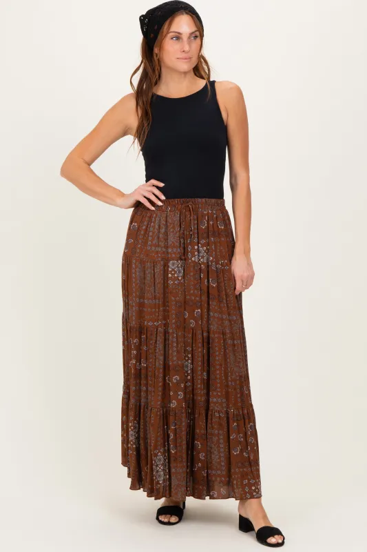 Brown Printed Tiered Maxi Skirt sold by Pinkblush