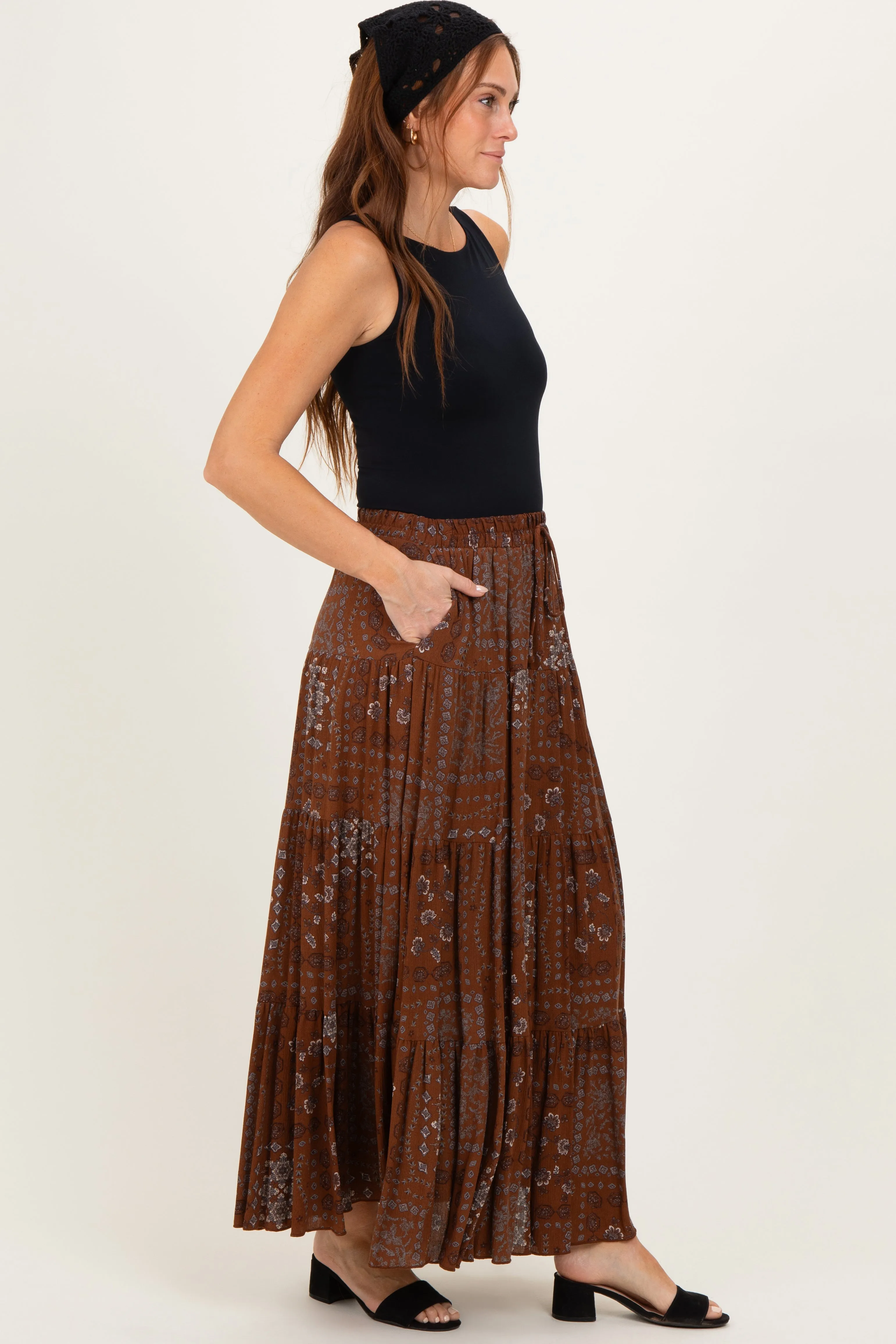 Brown Printed Tiered Maxi Skirt sold by Pinkblush product image thumbnail 2