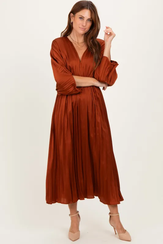 Brown Satin Pleated V-Neck Maxi Dress sold by Pinkblush