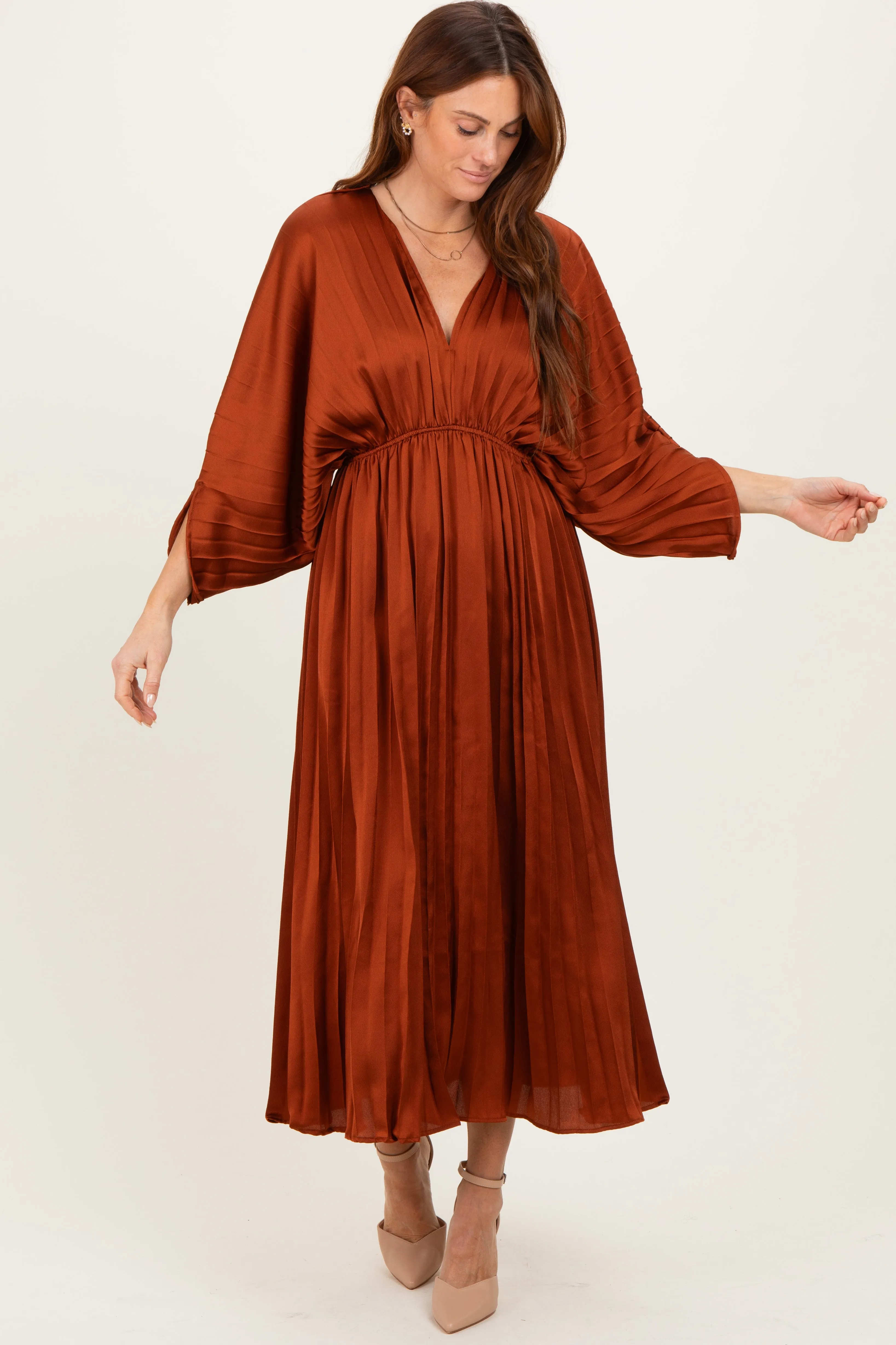 Brown Satin Pleated V-Neck Maxi Dress sold by Pinkblush product image thumbnail 2