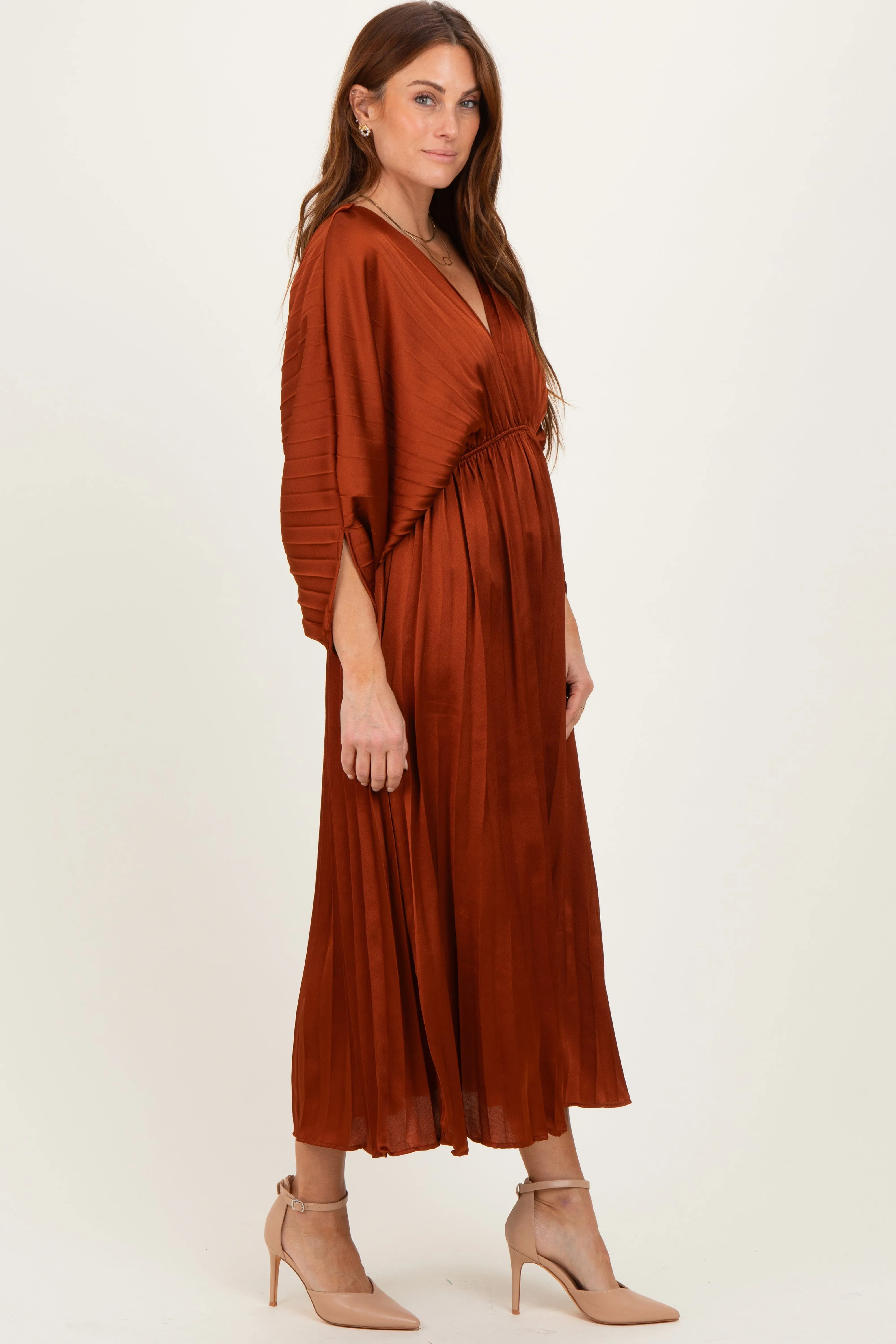 Brown Satin Pleated V-Neck Maxi Dress sold by Pinkblush product image thumbnail 3