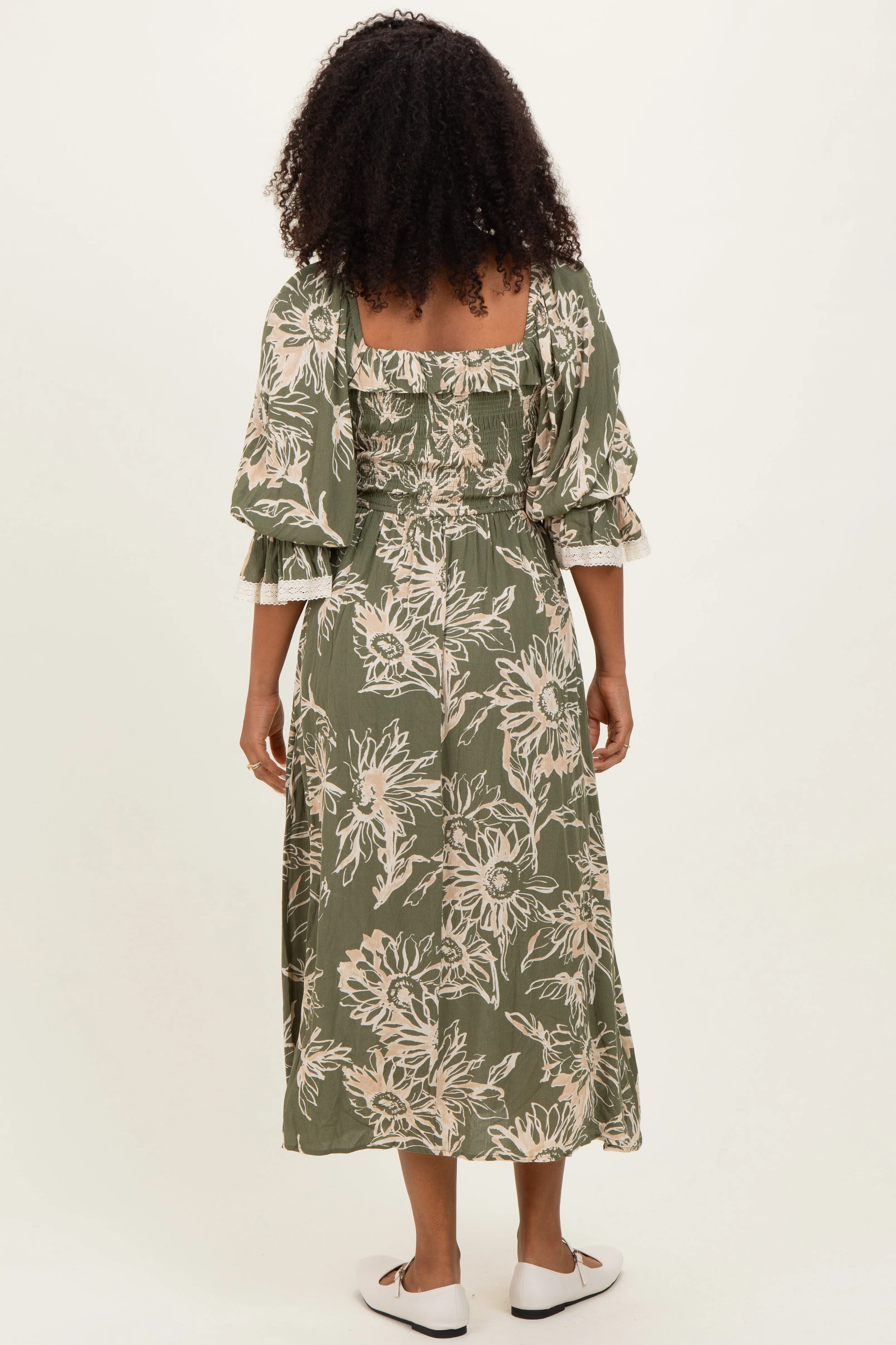 Olive Floral Smocked 3/4 Sleeve Midi Dress sold by Pinkblush product image thumbnail 3