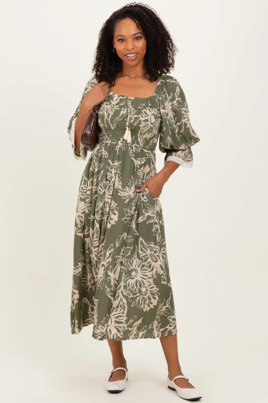 Olive Floral Smocked 3/4 Sleeve Midi Dress sold by Pinkblush
