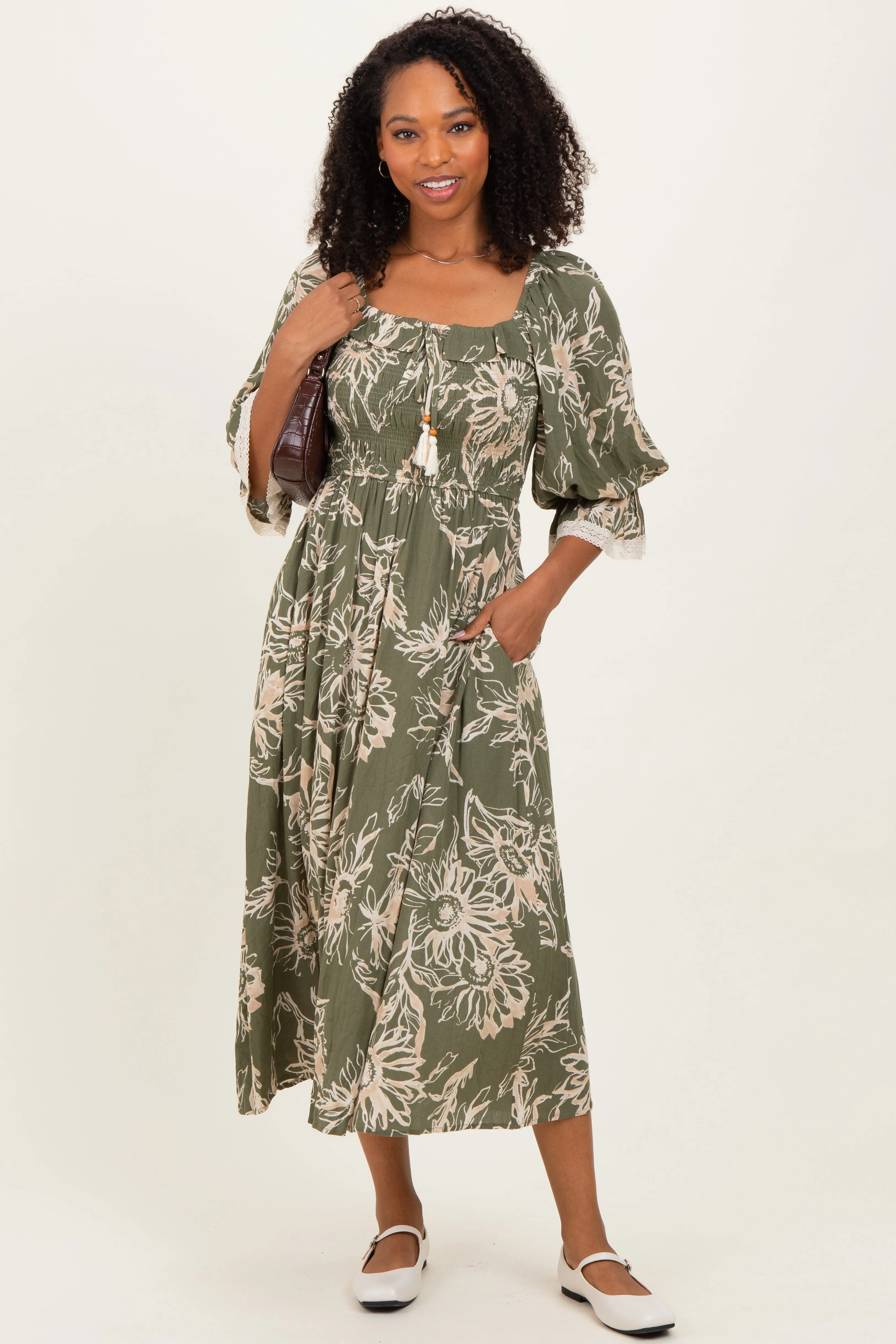 Olive Floral Smocked 3/4 Sleeve Midi Dress sold by Pinkblush