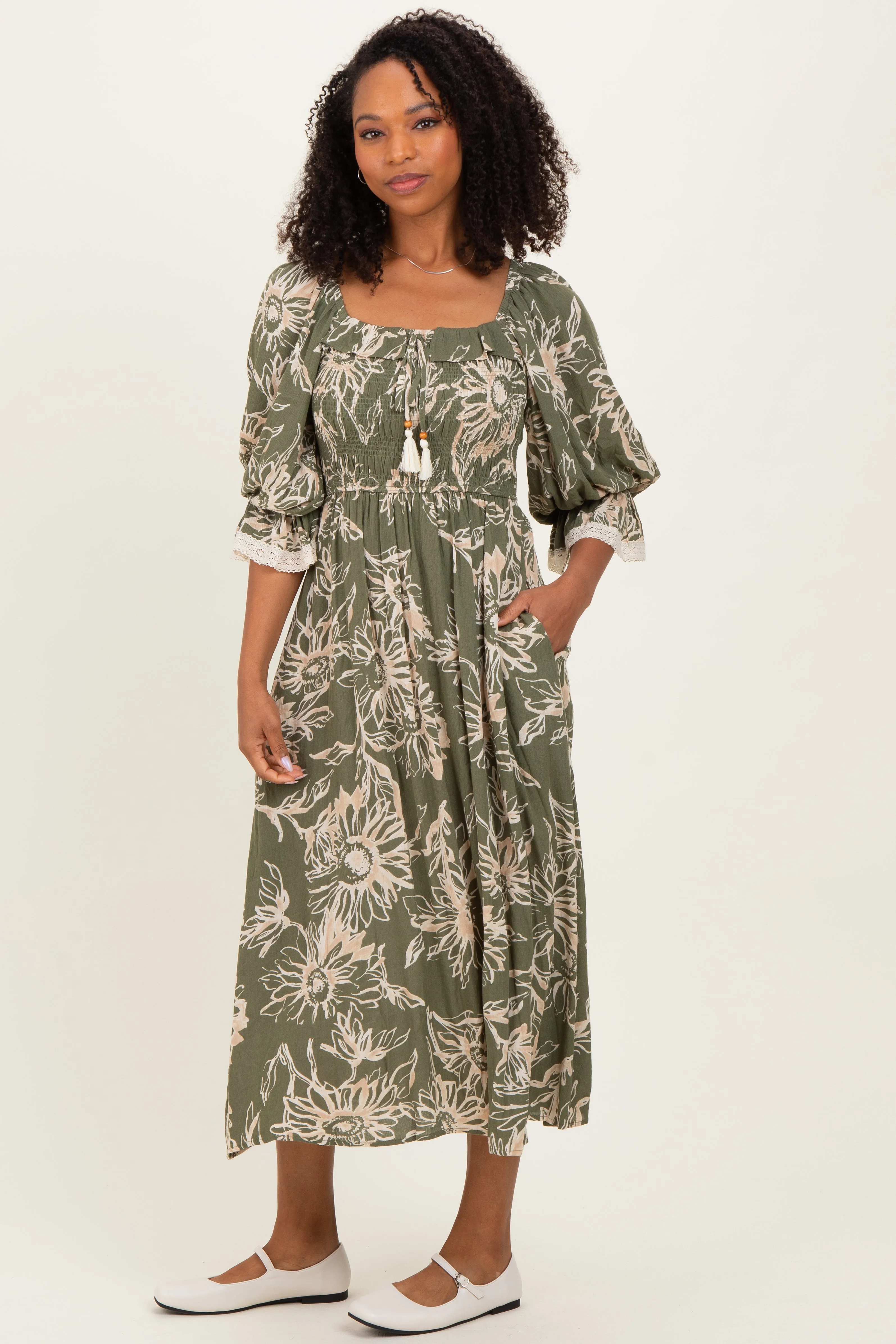 Olive Floral Smocked 3/4 Sleeve Midi Dress sold by Pinkblush product image thumbnail 2