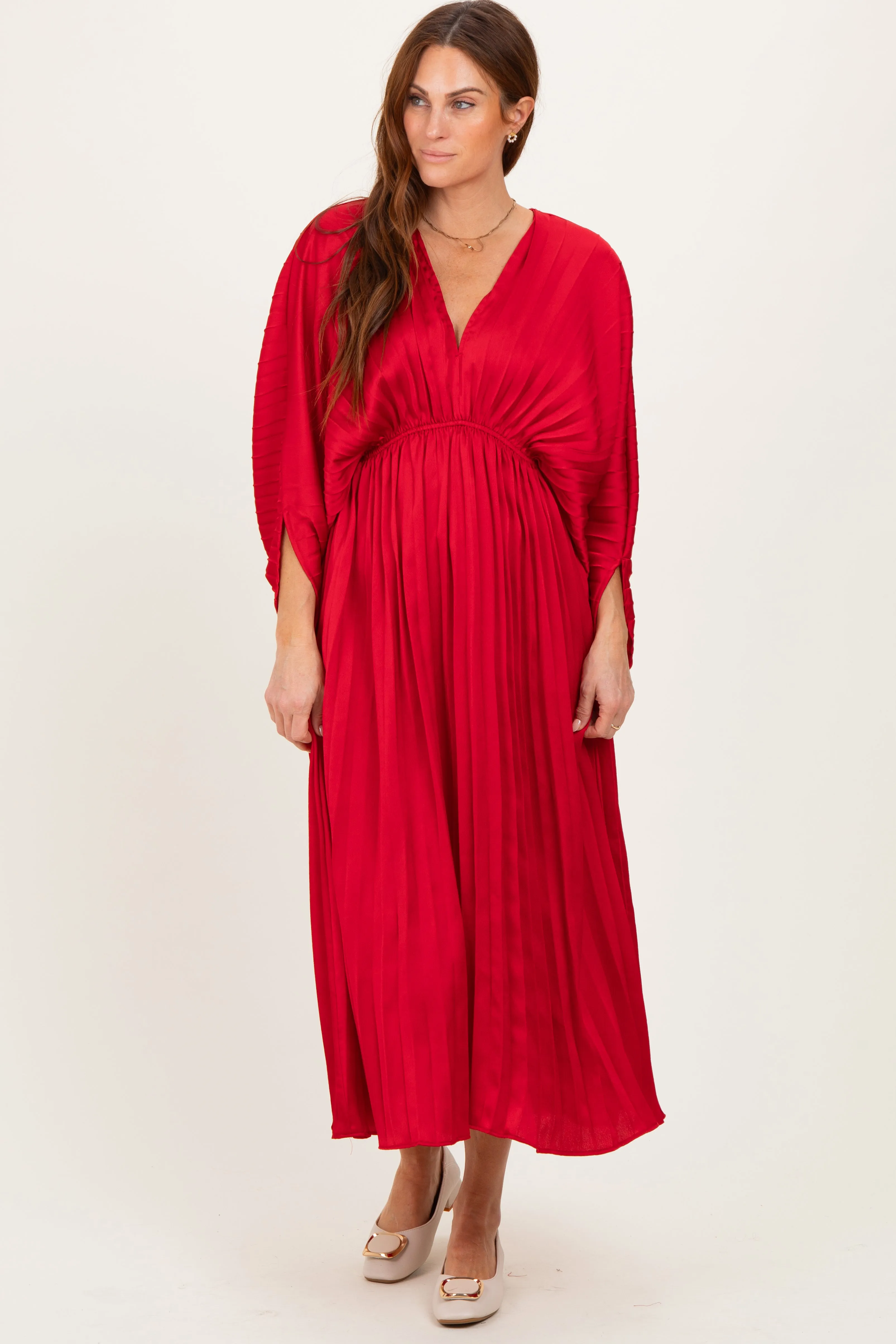Red Satin Pleated V-Neck Maxi Dress sold by Pinkblush product image thumbnail 2