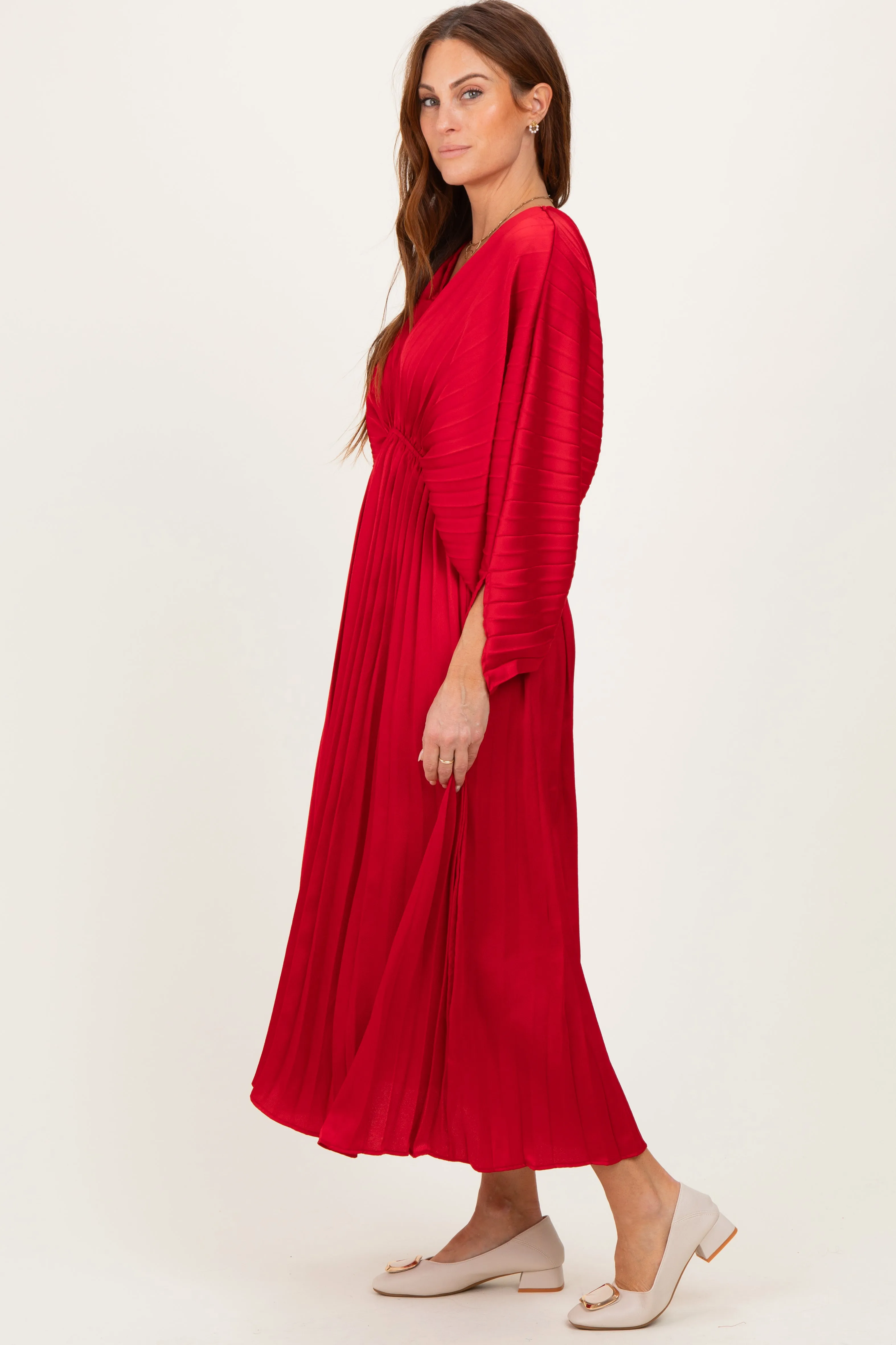 Red Satin Pleated V-Neck Maxi Dress sold by Pinkblush product image thumbnail 3
