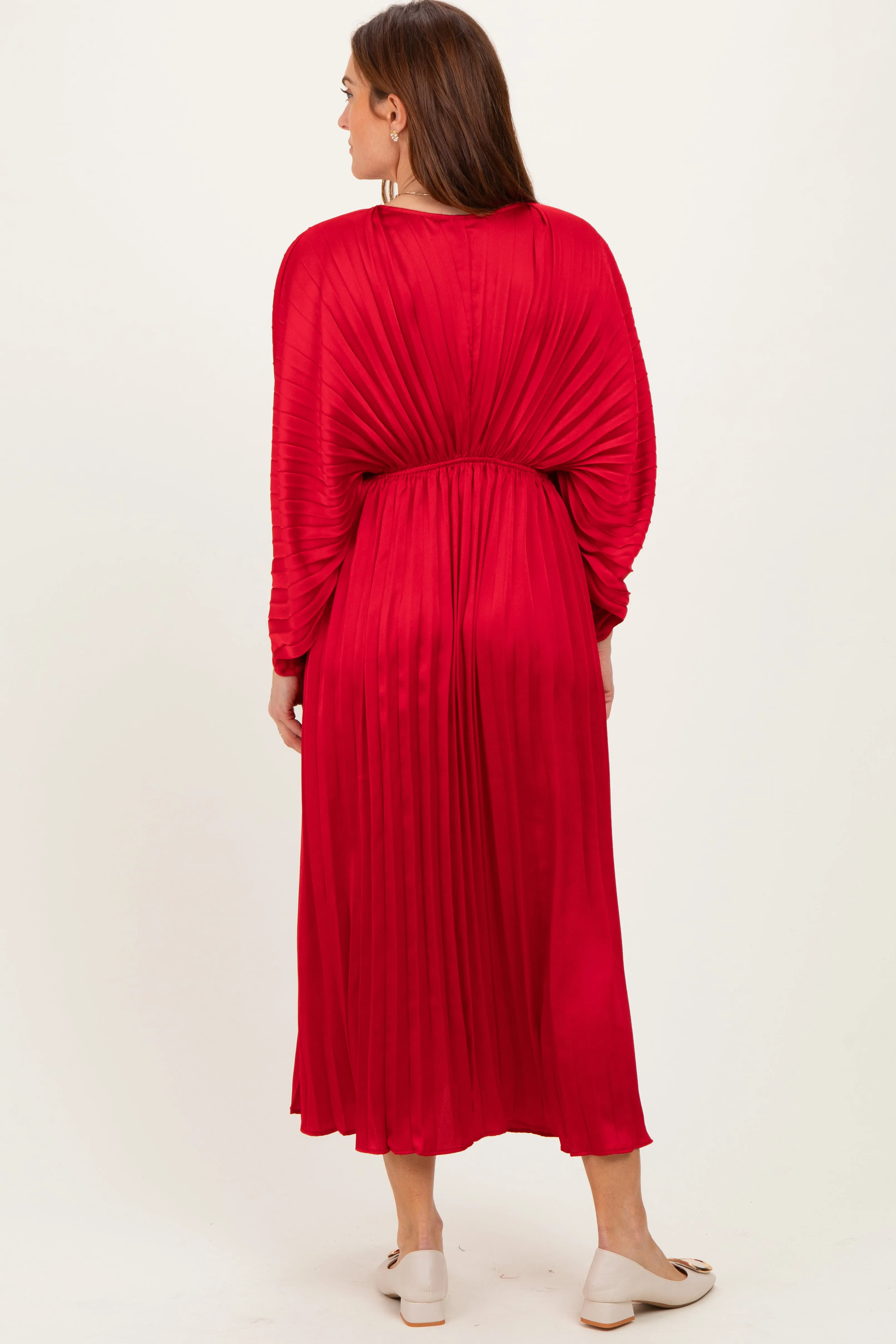 Red Satin Pleated V-Neck Maxi Dress sold by Pinkblush product image thumbnail 4