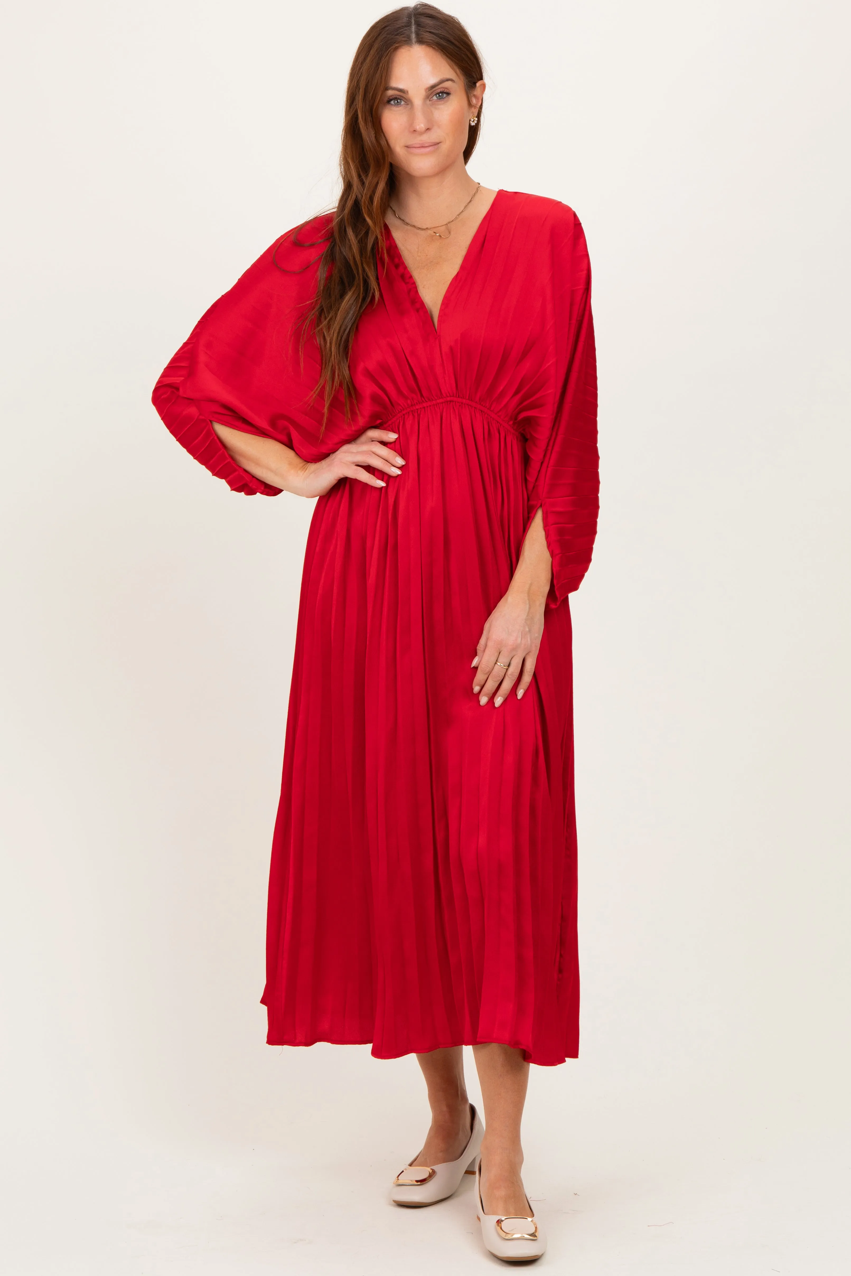 Red Satin Pleated V-Neck Maxi Dress sold by Pinkblush