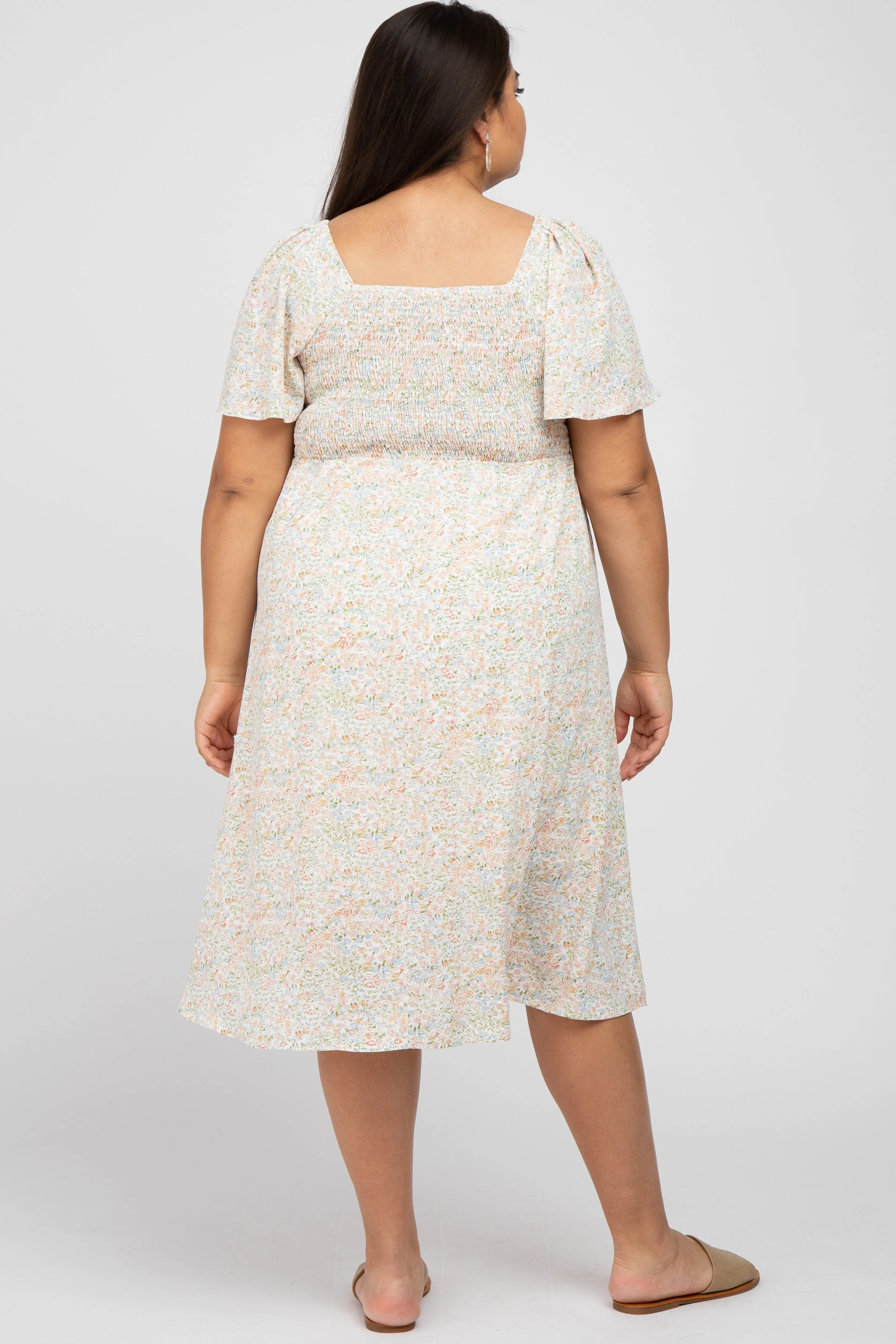 Cream Floral Smocked Square Neck Midi Dress sold by Pinkblush product image thumbnail 3