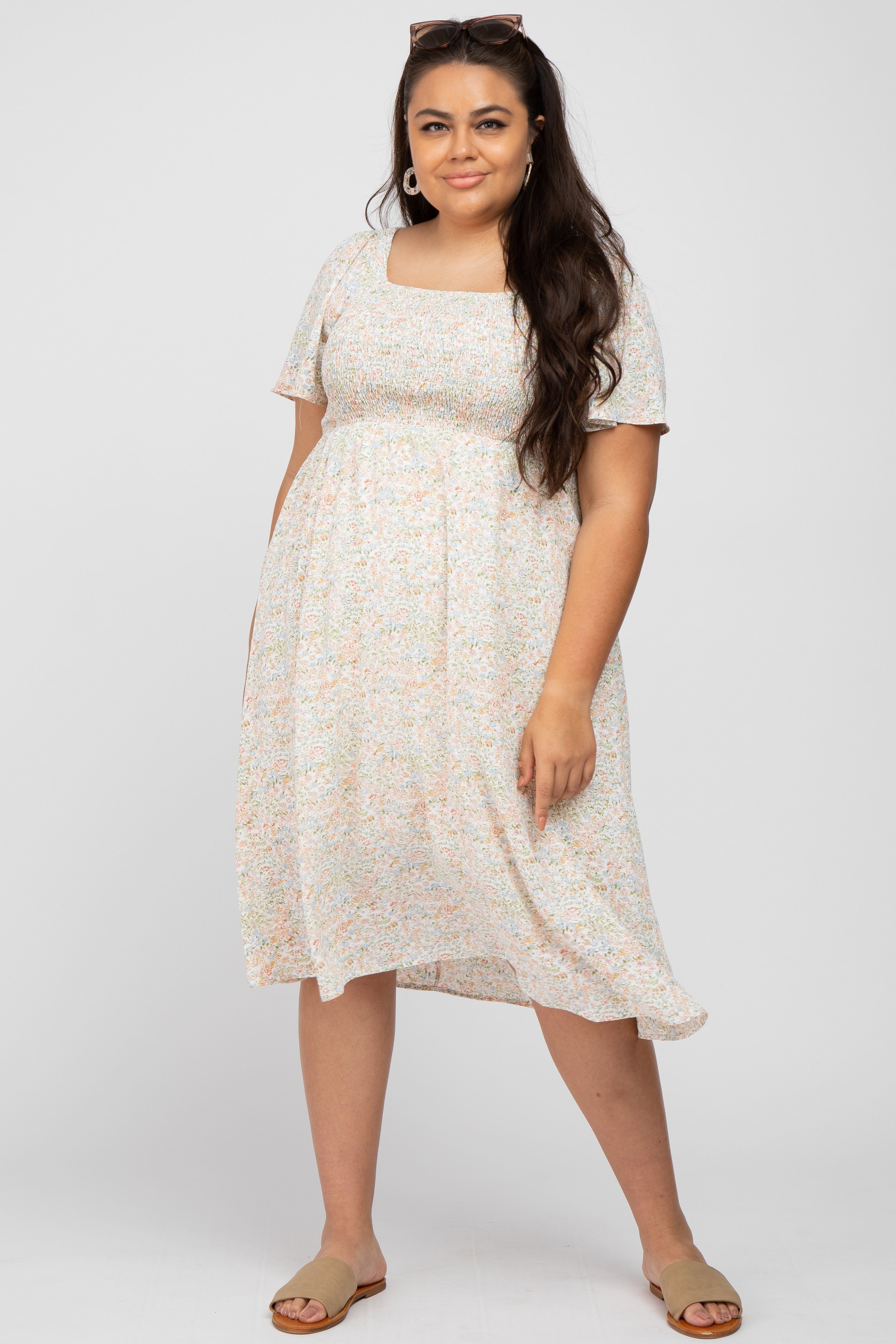 Cream Floral Smocked Square Neck Midi Dress sold by Pinkblush
