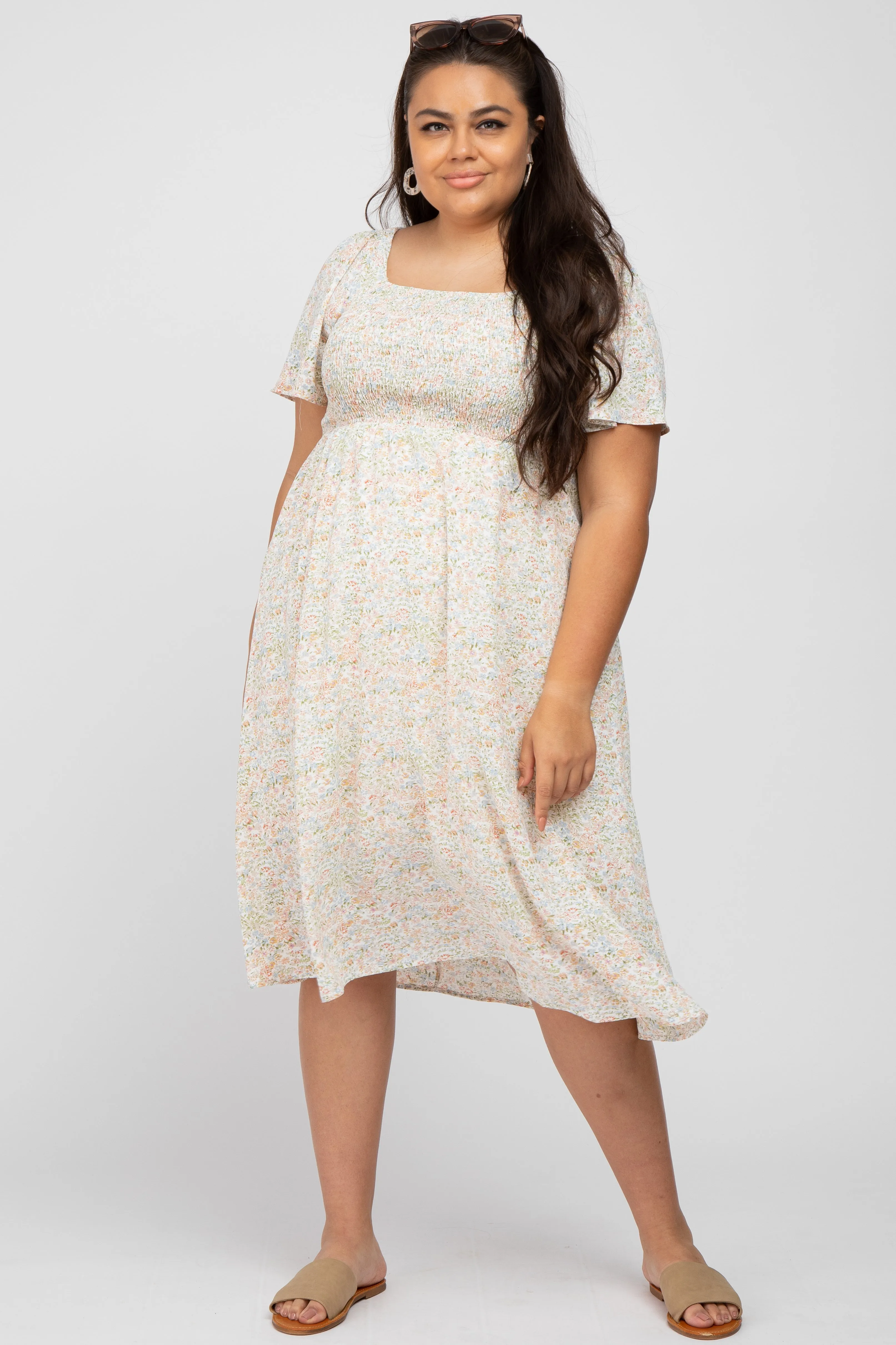 Cream Floral Smocked Square Neck Midi Dress sold by Pinkblush
