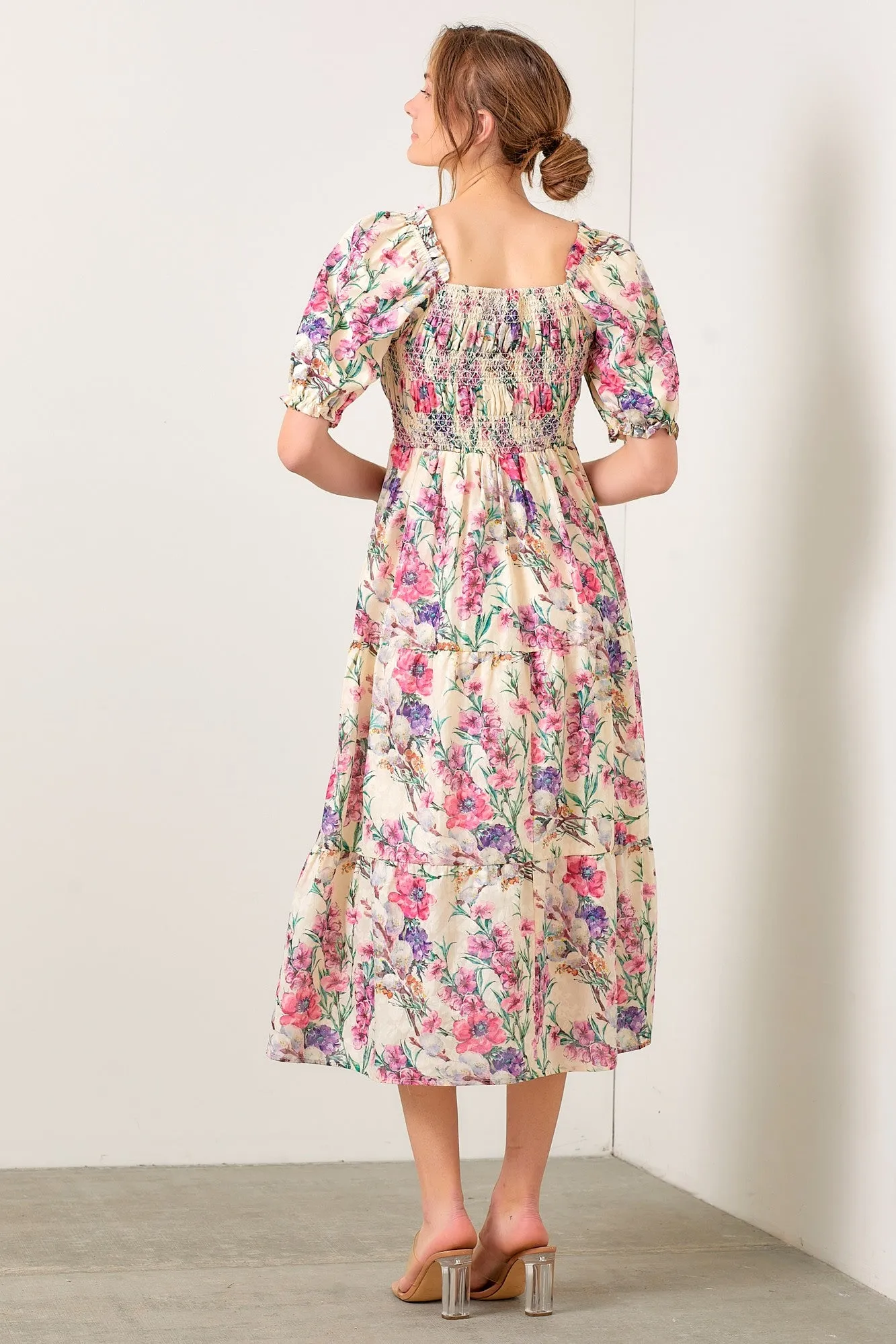 Cream Floral Puff Sleeve Smocked Midi Dress sold by Pinkblush product image thumbnail 3