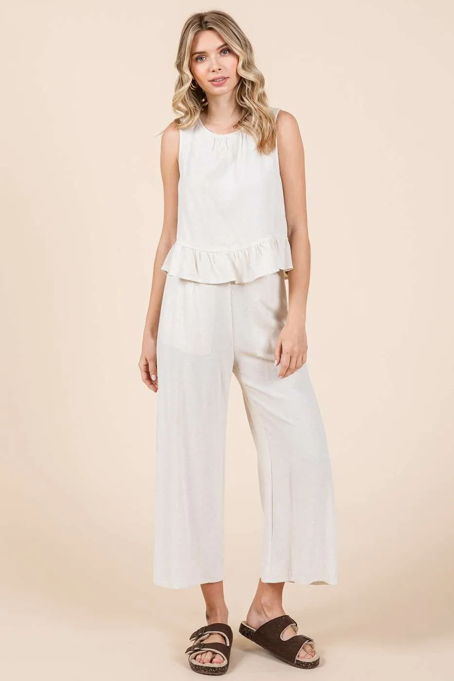 Linen Ruffle Tank Top And Pants Set sold by Pinkblush