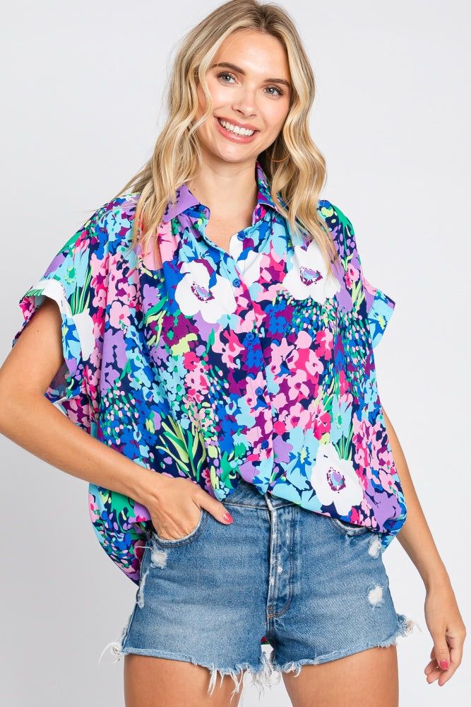 Navy Abstract Floral Button Down Top sold by Pinkblush