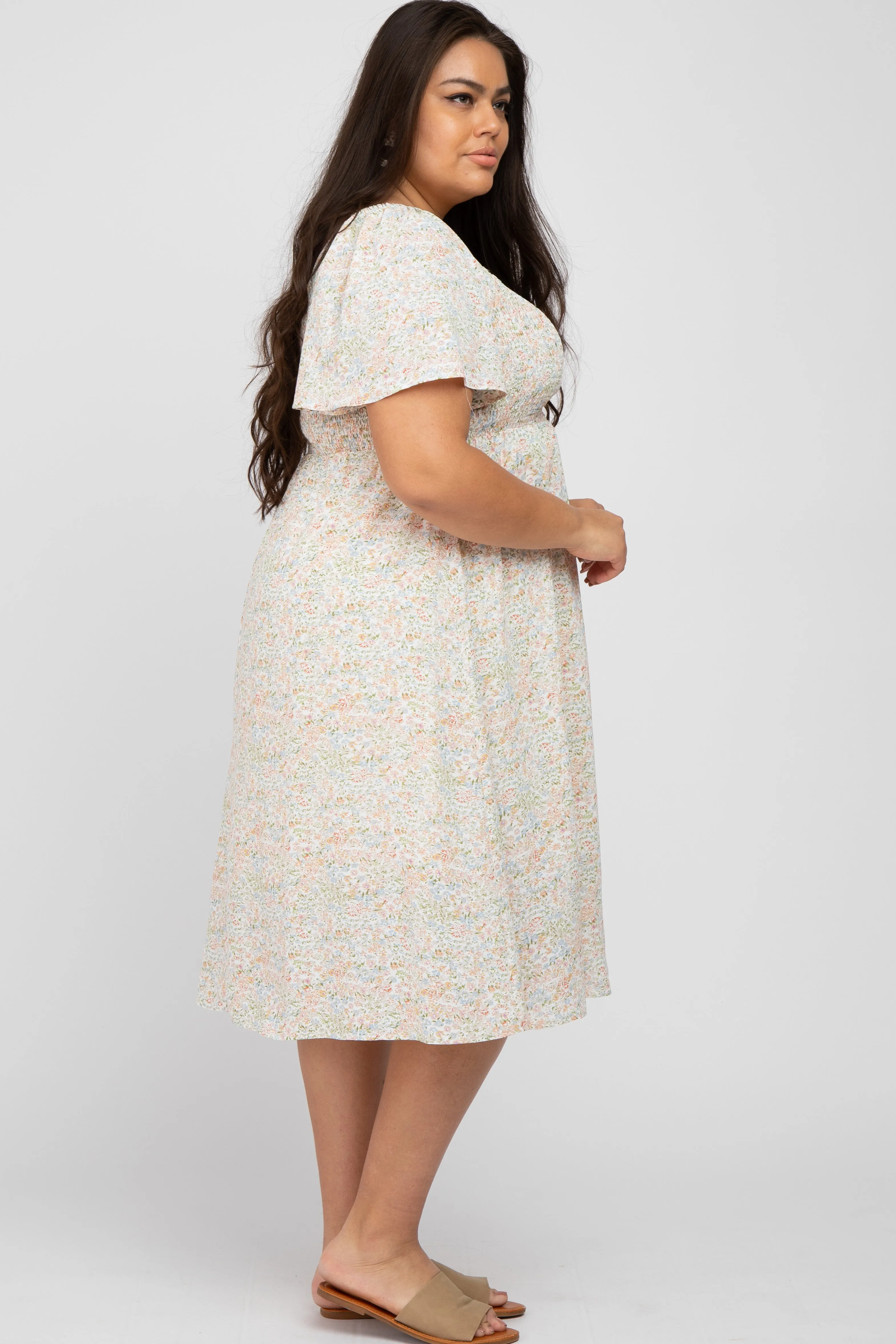 Cream Floral Smocked Square Neck Midi Dress sold by Pinkblush product image thumbnail 2