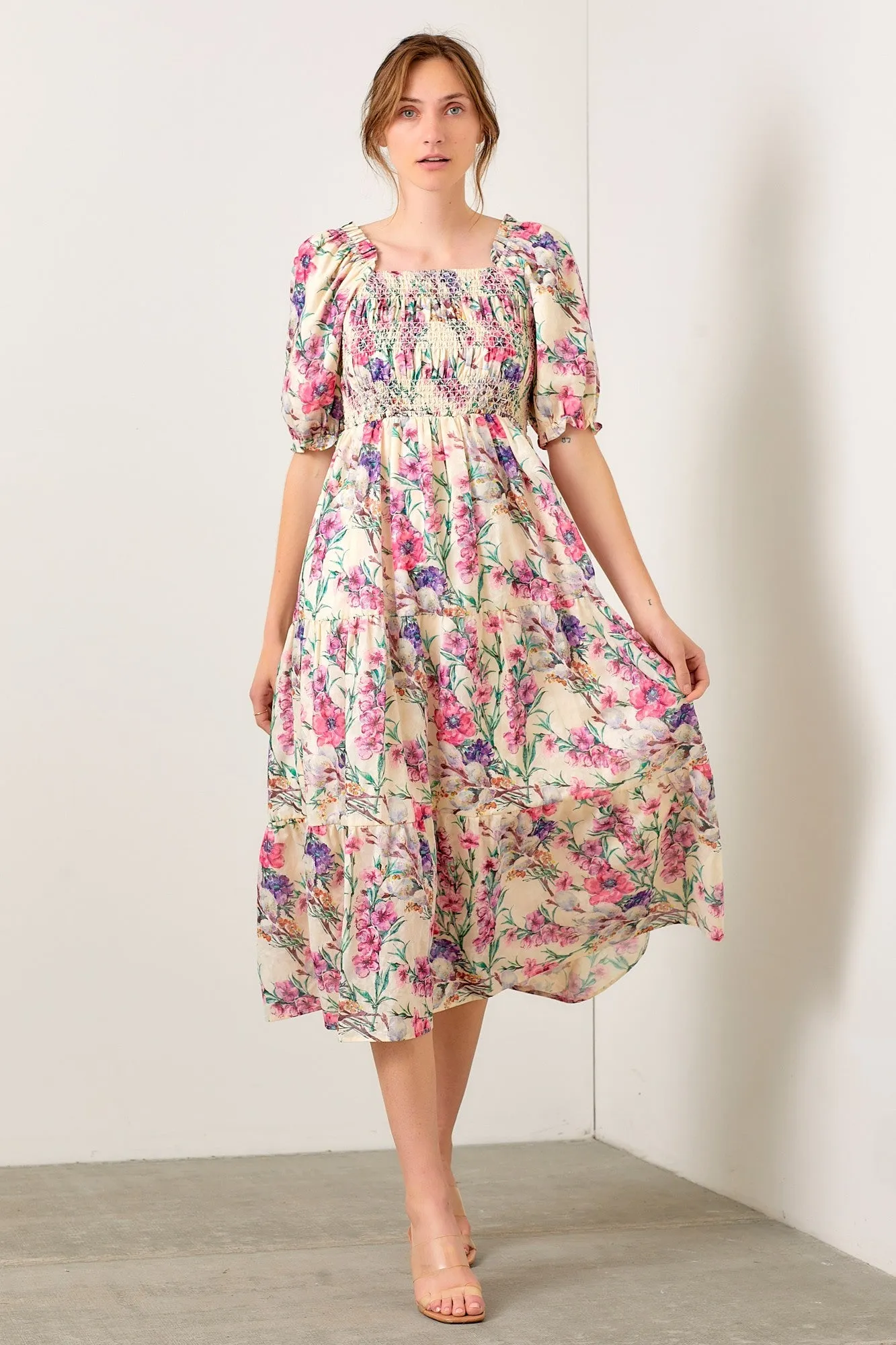 Cream Floral Puff Sleeve Smocked Midi Dress sold by Pinkblush