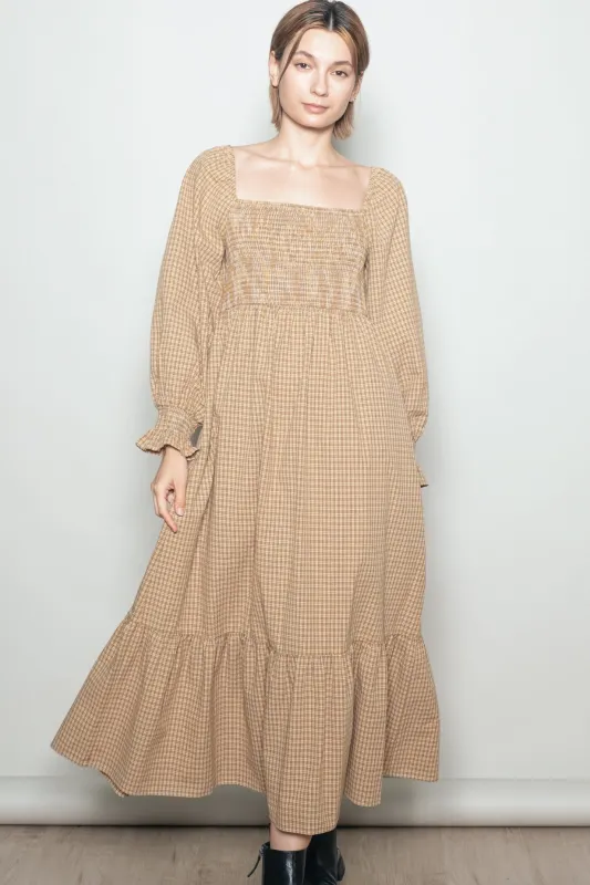 Mustard Plaid Square Neck Long Sleeve Maxi Dress sold by Pinkblush