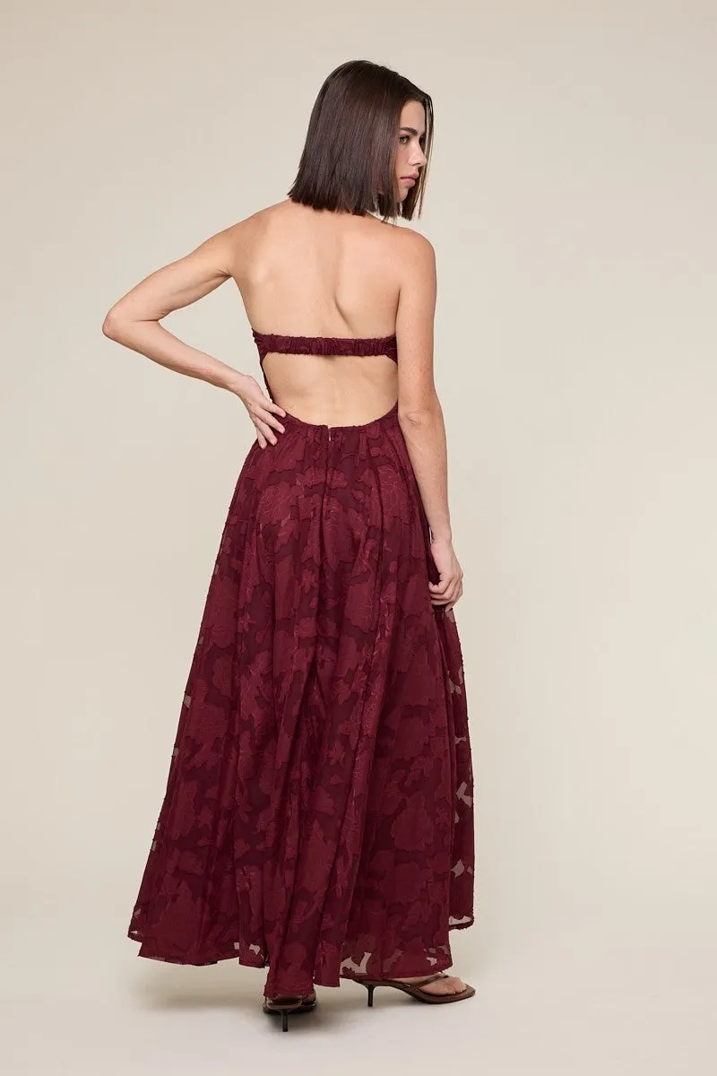 Wine Floral Jacquard Strapless Open Back Maxi Dress sold by Pinkblush product image thumbnail 4
