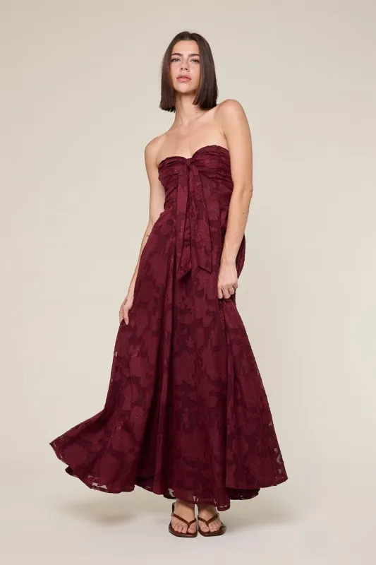 Wine Floral Jacquard Strapless Open Back Maxi Dress sold by Pinkblush