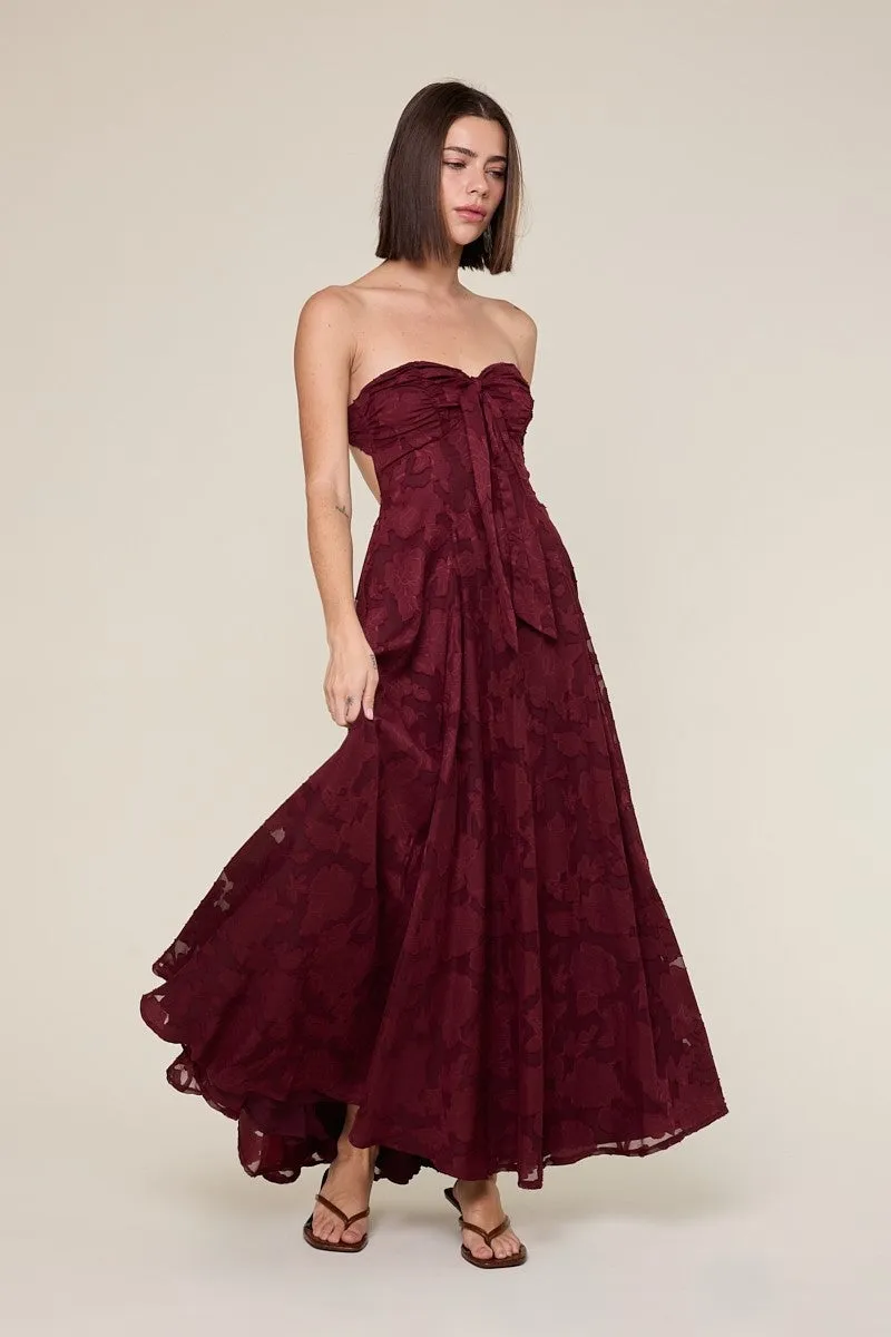 Wine Floral Jacquard Strapless Open Back Maxi Dress sold by Pinkblush product image thumbnail 2