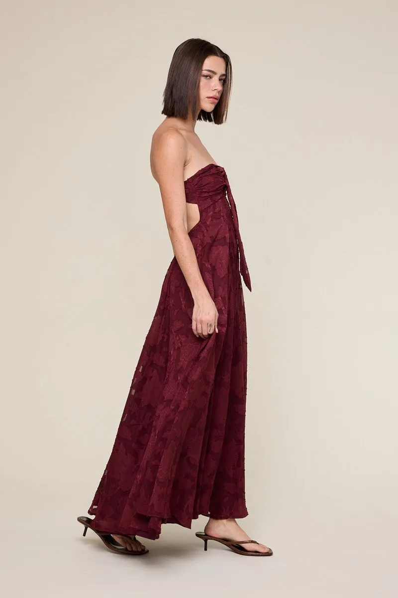Wine Floral Jacquard Strapless Open Back Maxi Dress sold by Pinkblush product image thumbnail 3