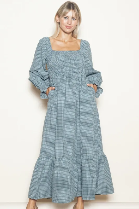 Dusty Blue Plaid Square Neck Long Sleeve Maxi Dress sold by Pinkblush
