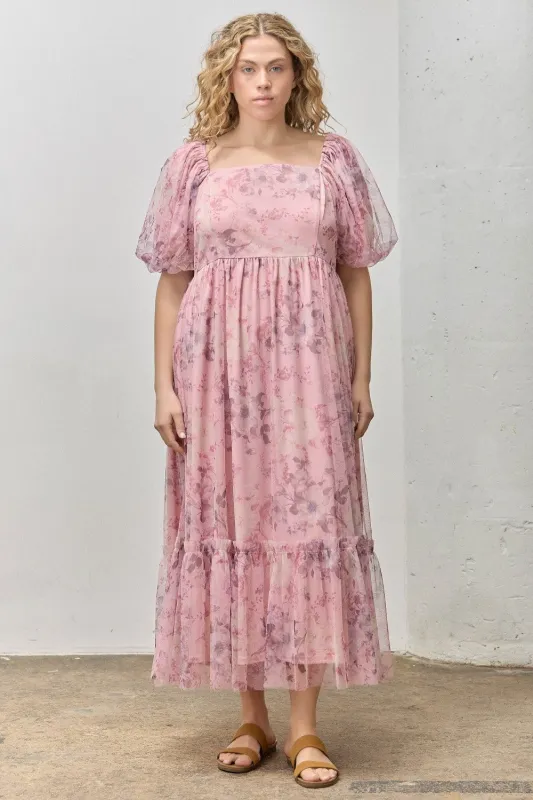 Pink Floral Printed Tulle Puff Sleeve Plus Midi Dress sold by Pinkblush