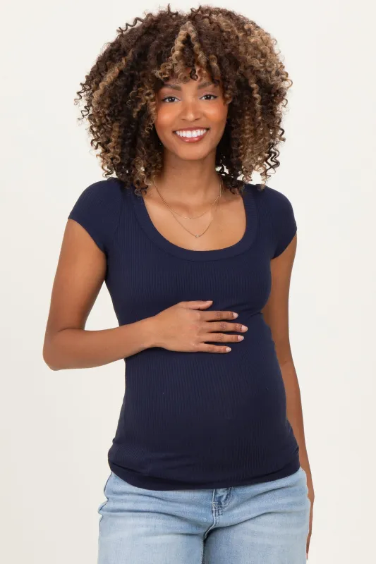 Navy Ribbed Rounded Square Neck Maternity Top sold by Pinkblush