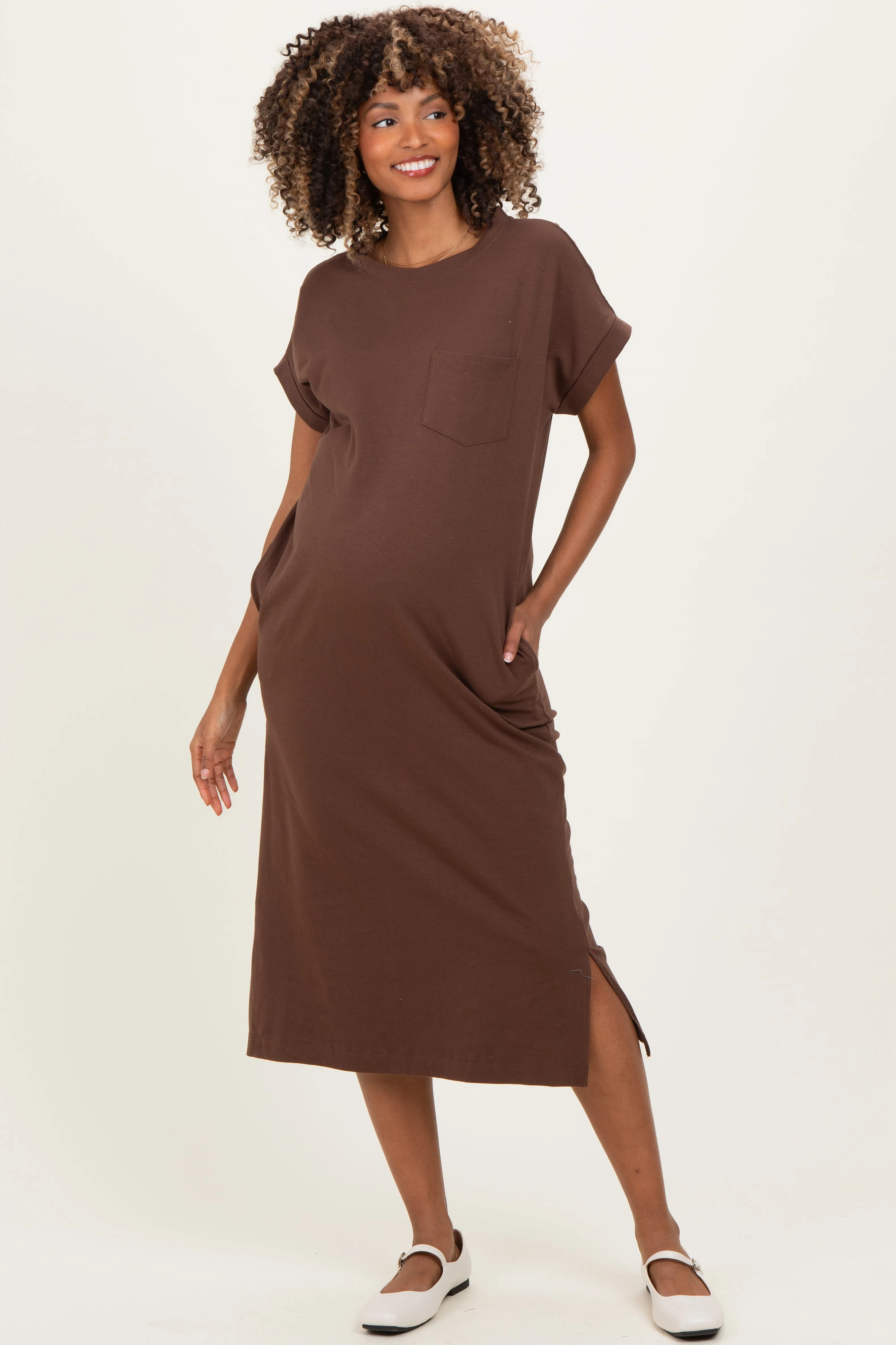 Brown Pocket Front Maternity Midi T-Shirt Dress sold by Pinkblush