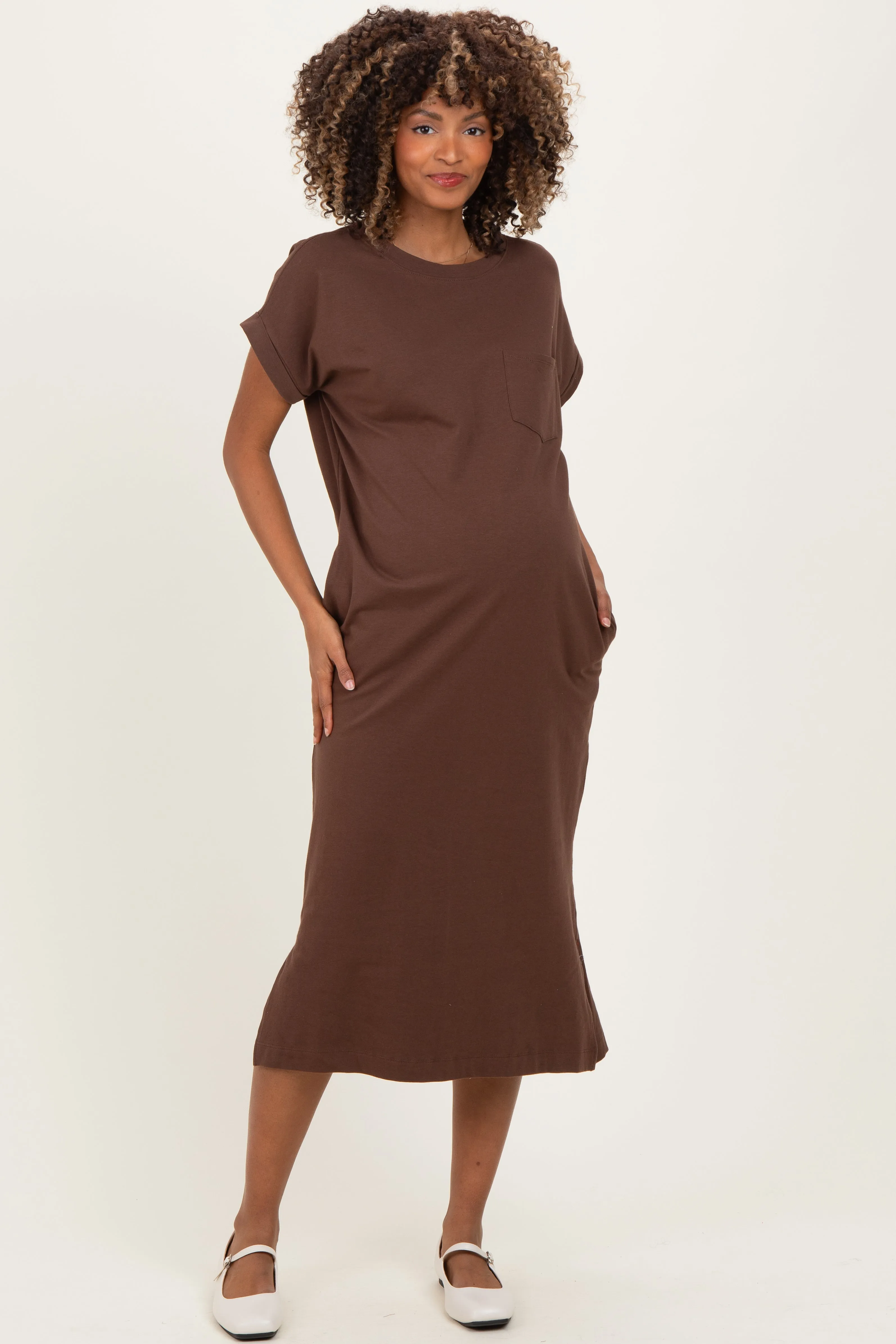 Brown Pocket Front Maternity Midi T-Shirt Dress sold by Pinkblush product image thumbnail 2