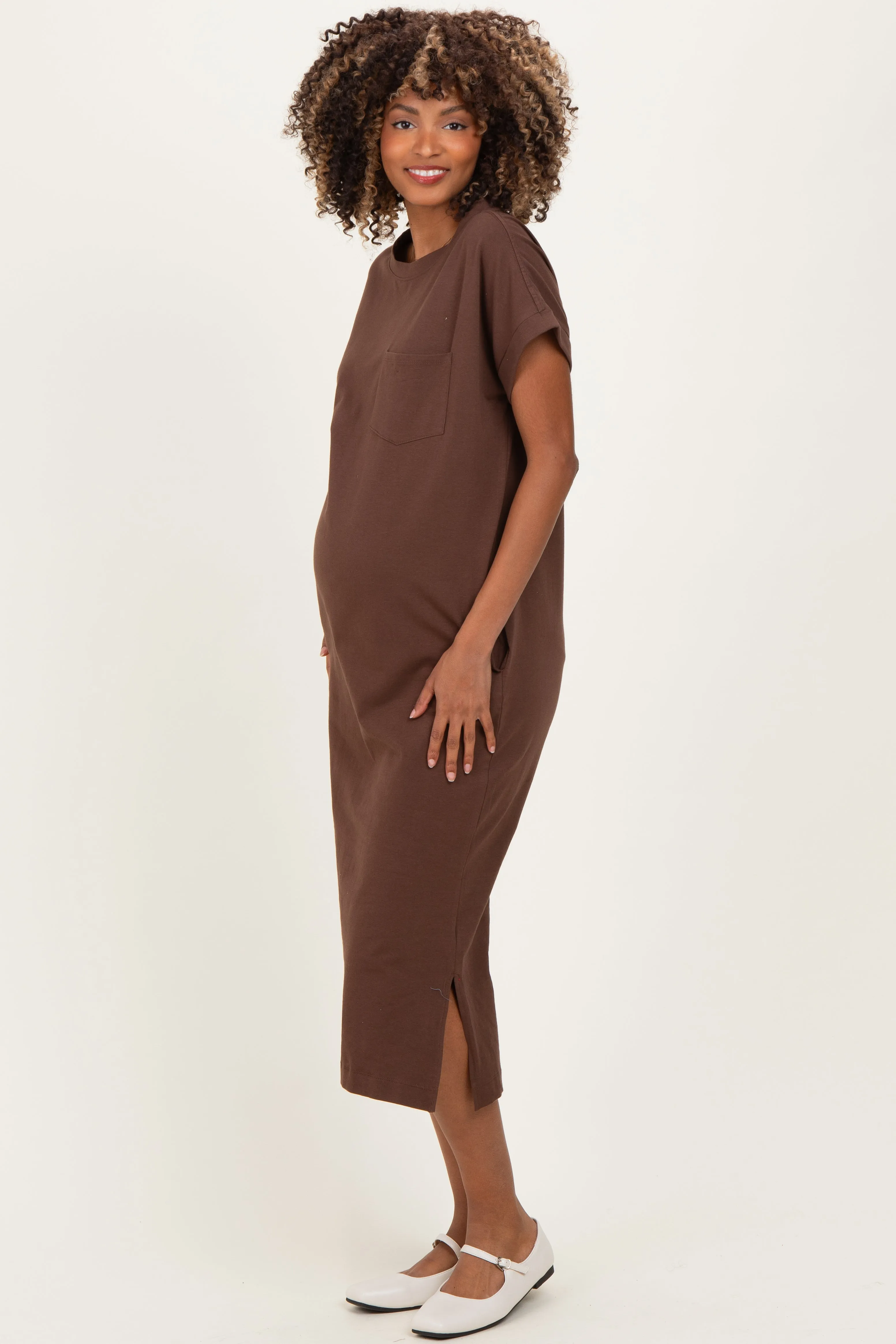 Brown Pocket Front Maternity Midi T-Shirt Dress sold by Pinkblush product image thumbnail 3